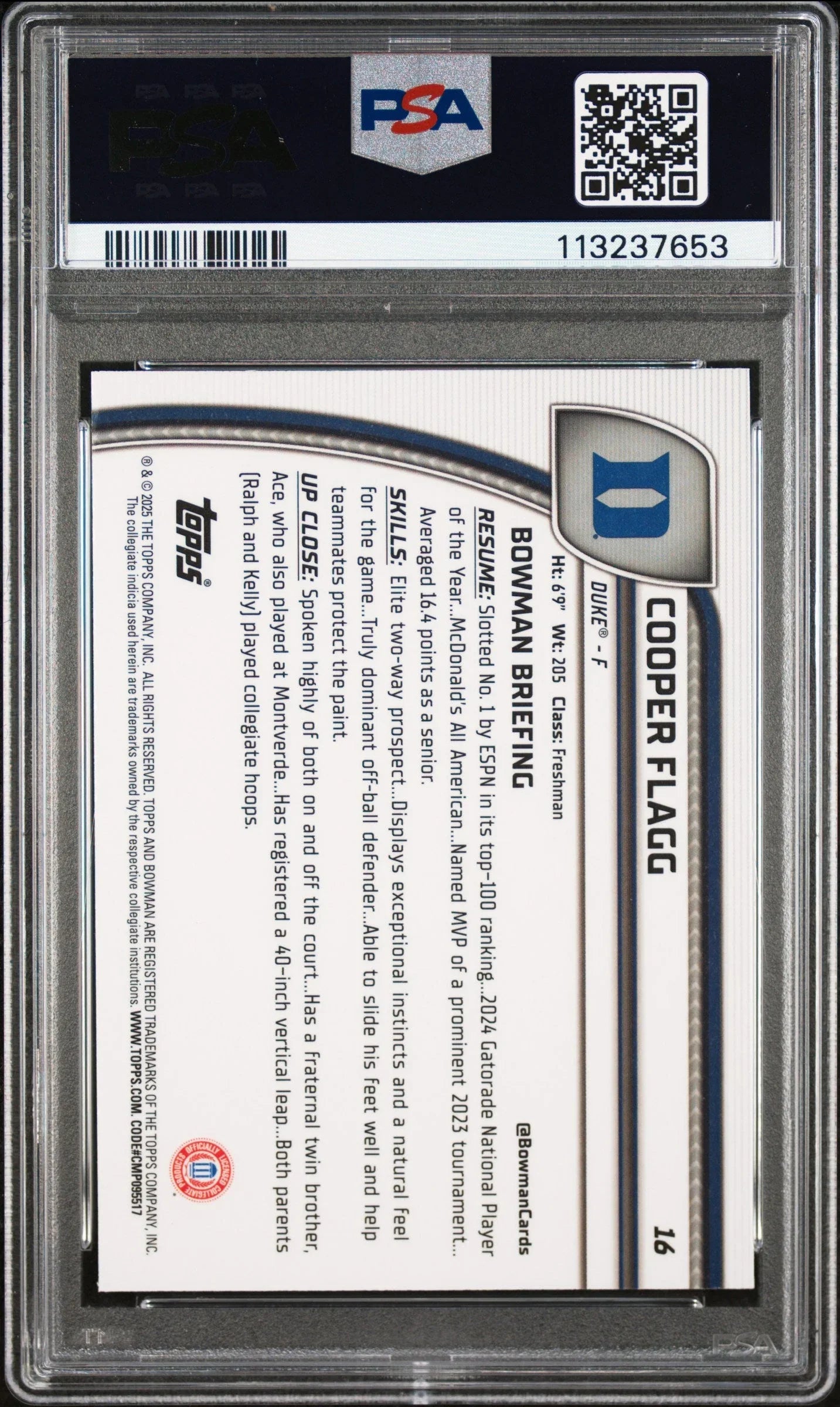 Graded 2024 Topps Bowman Chrome U Cooper Flagg #16 Rookie RC Basketball Card PSA 10 Gem Mint