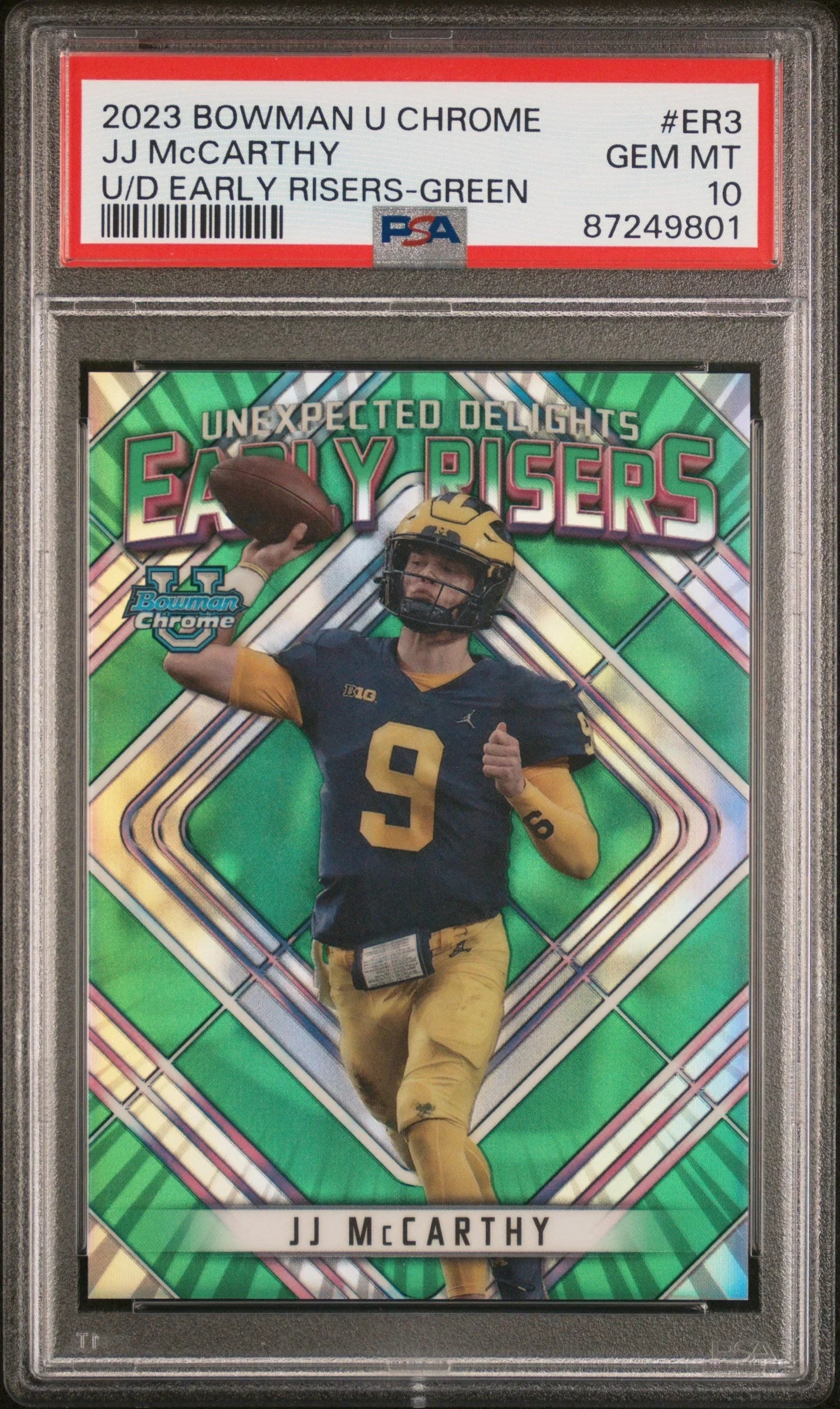 Graded 2023 Topps Bowman U Chrome JJ McCarthy #ER3 UD Early Risers Green #/99 Rookie RC Football Card PSA 10 Gem Mint