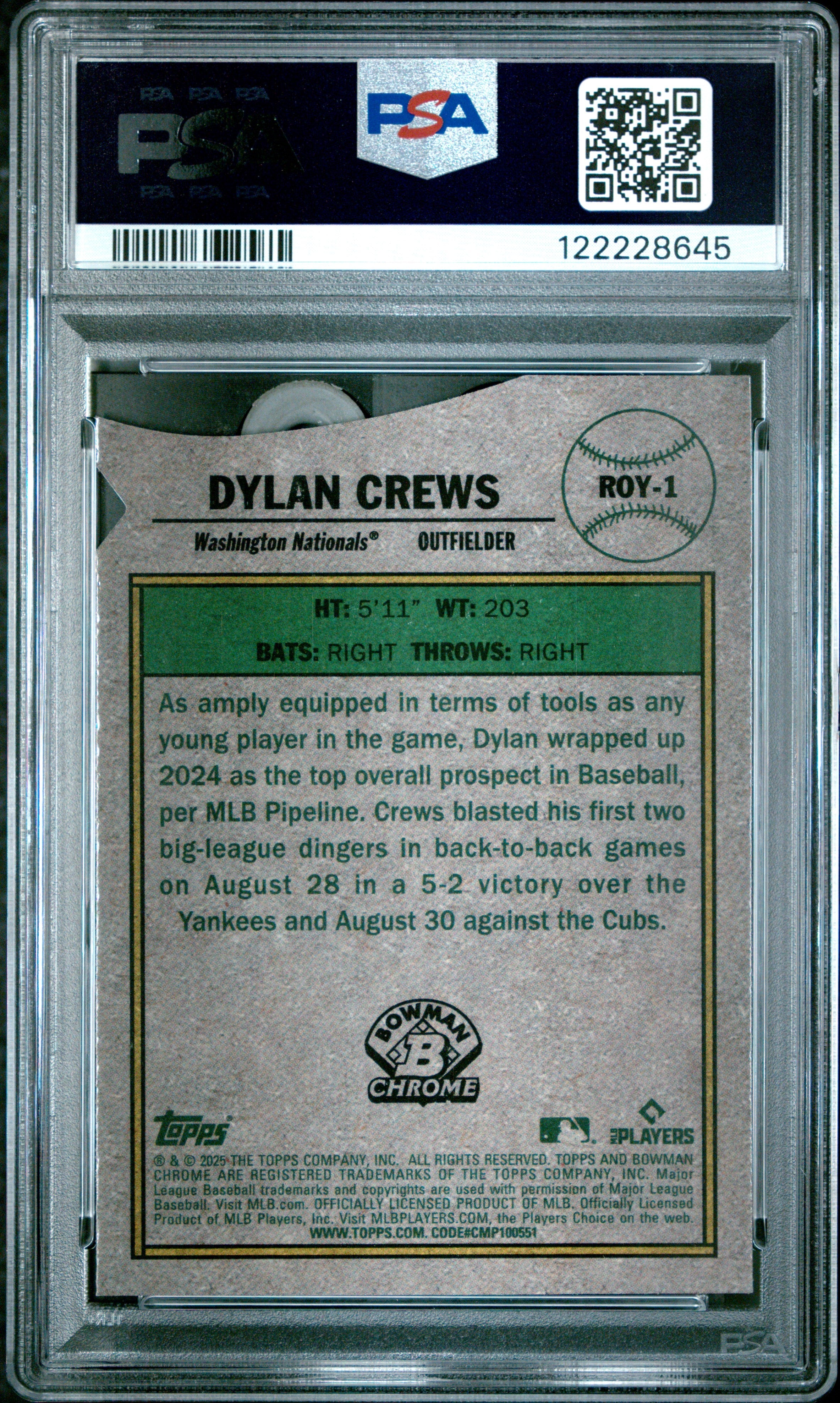 Graded 2025 Topps Bowman Dylan Crews #ROY1 Rookie of the Year Favorite Rookie RC Baseball Card PSA 9 Mint