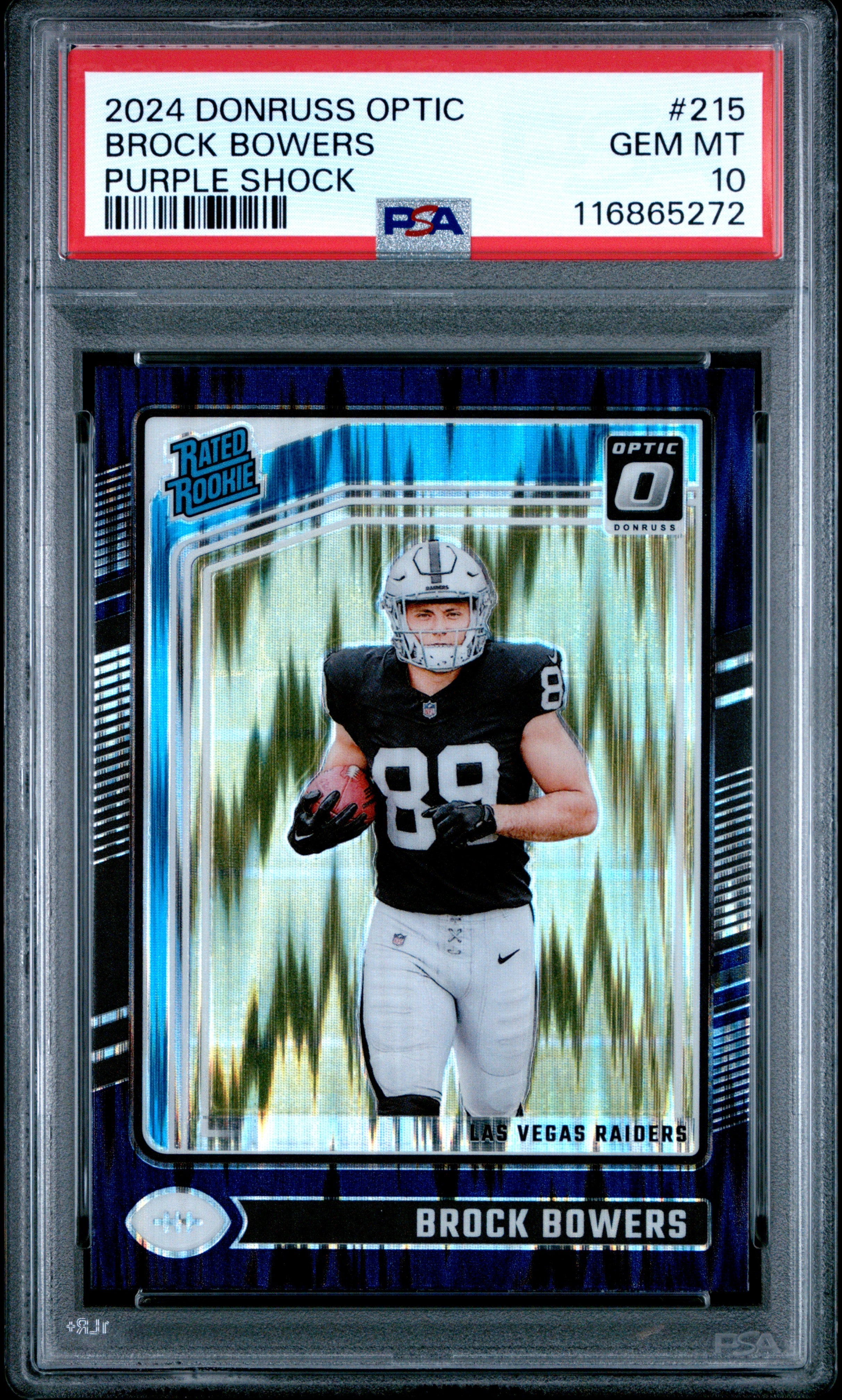 Graded 2024 Panini Donruss Optic Brock Bowers #215 Purple Shock Rookie RC Football Card PSA 10 Gem Mint