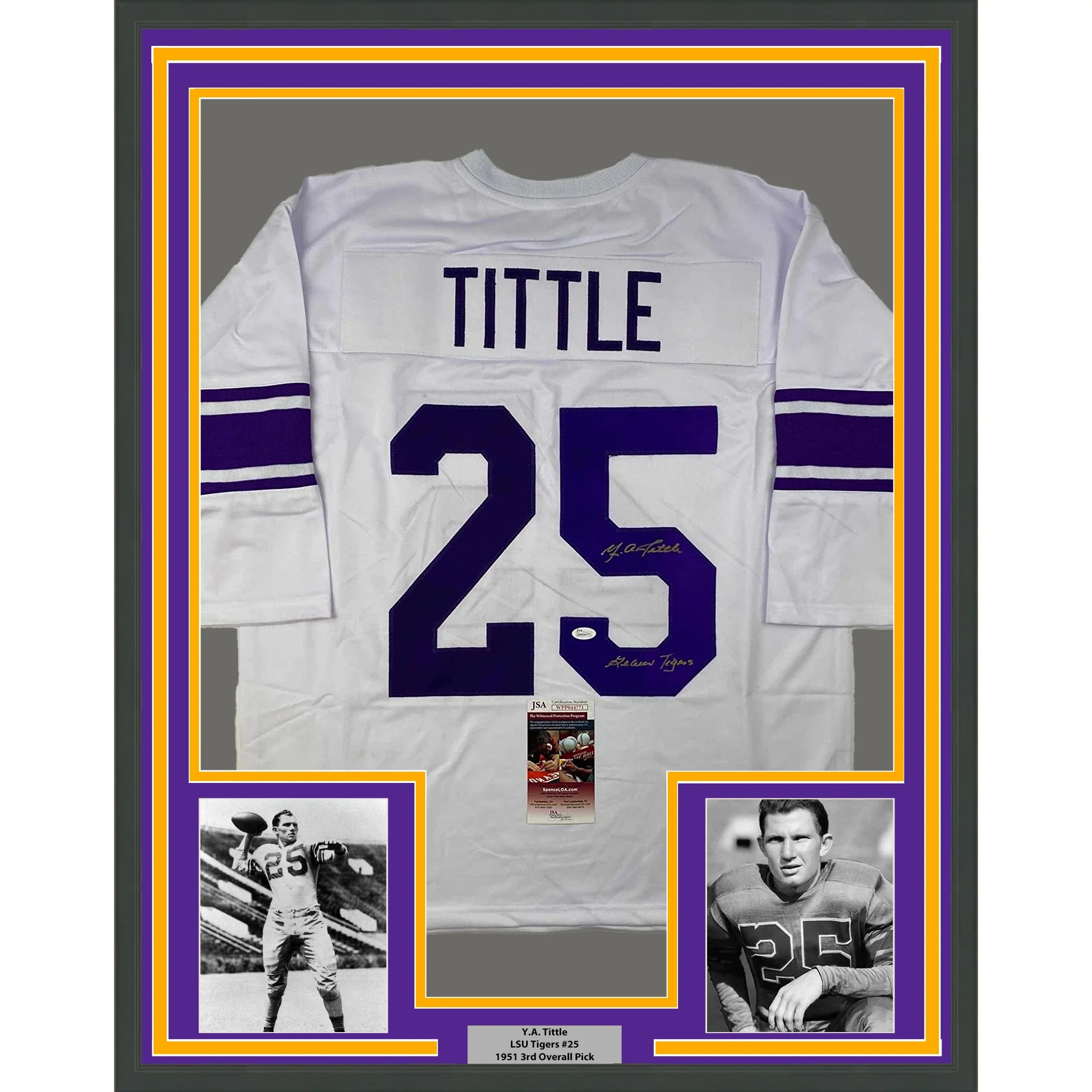 Framed Autographed/Signed YA Y.A. Tittle 35x39 Inscribed Geaux Tigers LSU White College Football Jersey JSA COA