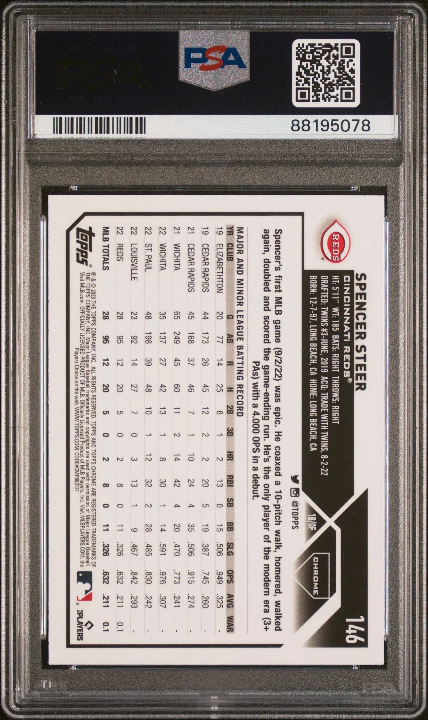 Graded 2023 Topps Chrome Spencer Steer #146 XFractor Rookie RC Baseball Card PSA 10 Gem Mint