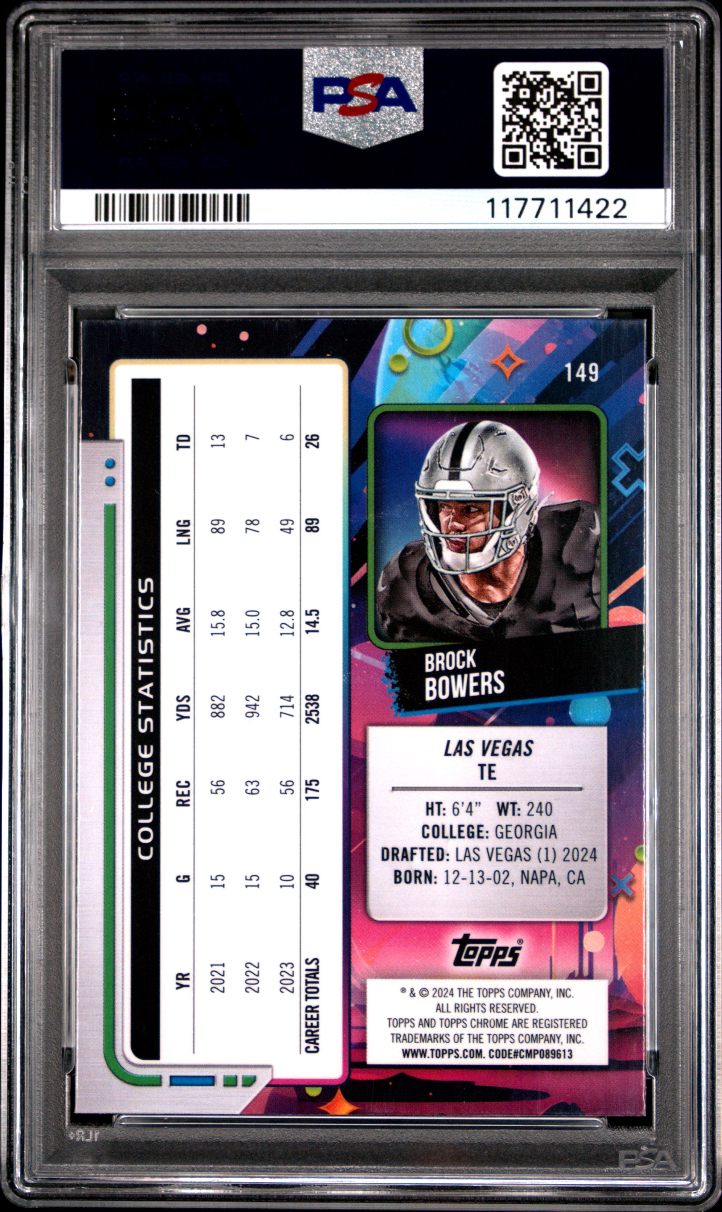 Graded 2024 Topps Cosmic Chrome Brock Bowers #149 Rookie RC Football Card PSA 7 Near Mint
