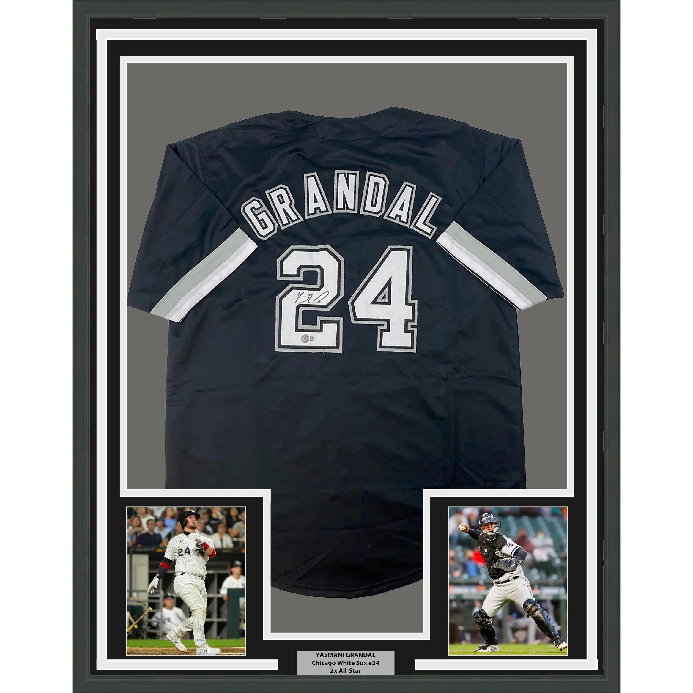 Framed Autographed/Signed Yasmani Grandal 35x39 Chicago Black Baseball Jersey Beckett BAS COA
