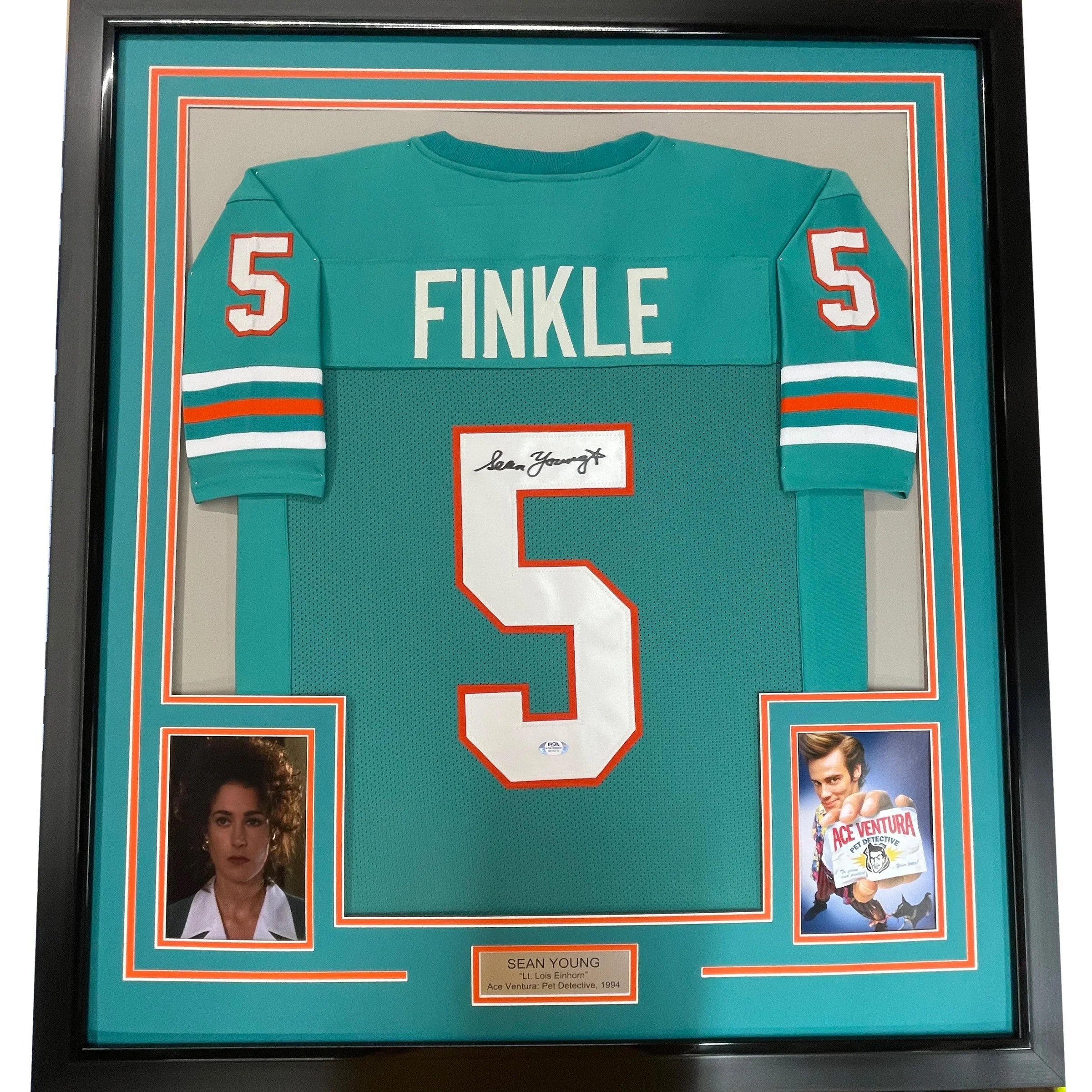 Framed Autographed/Signed Sean Young 35x39 Ray Finkle Miami Teal Ace Ventura Movie Football Jersey PSA/DNA COA