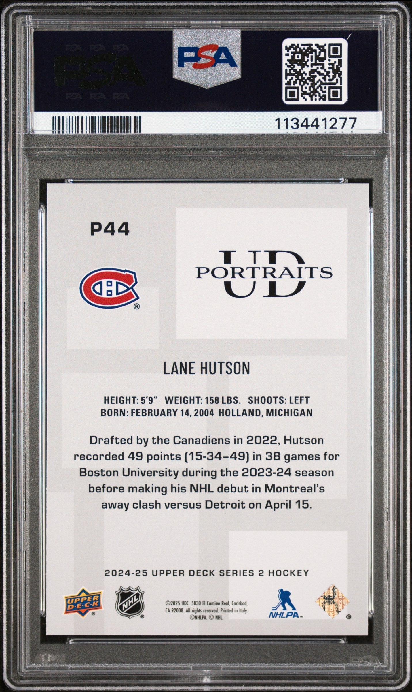 Graded 2024 Upper Deck Lane Hutson #P44 UD Portraits Rookie RC Hockey Card PSA 10 Gem Mint