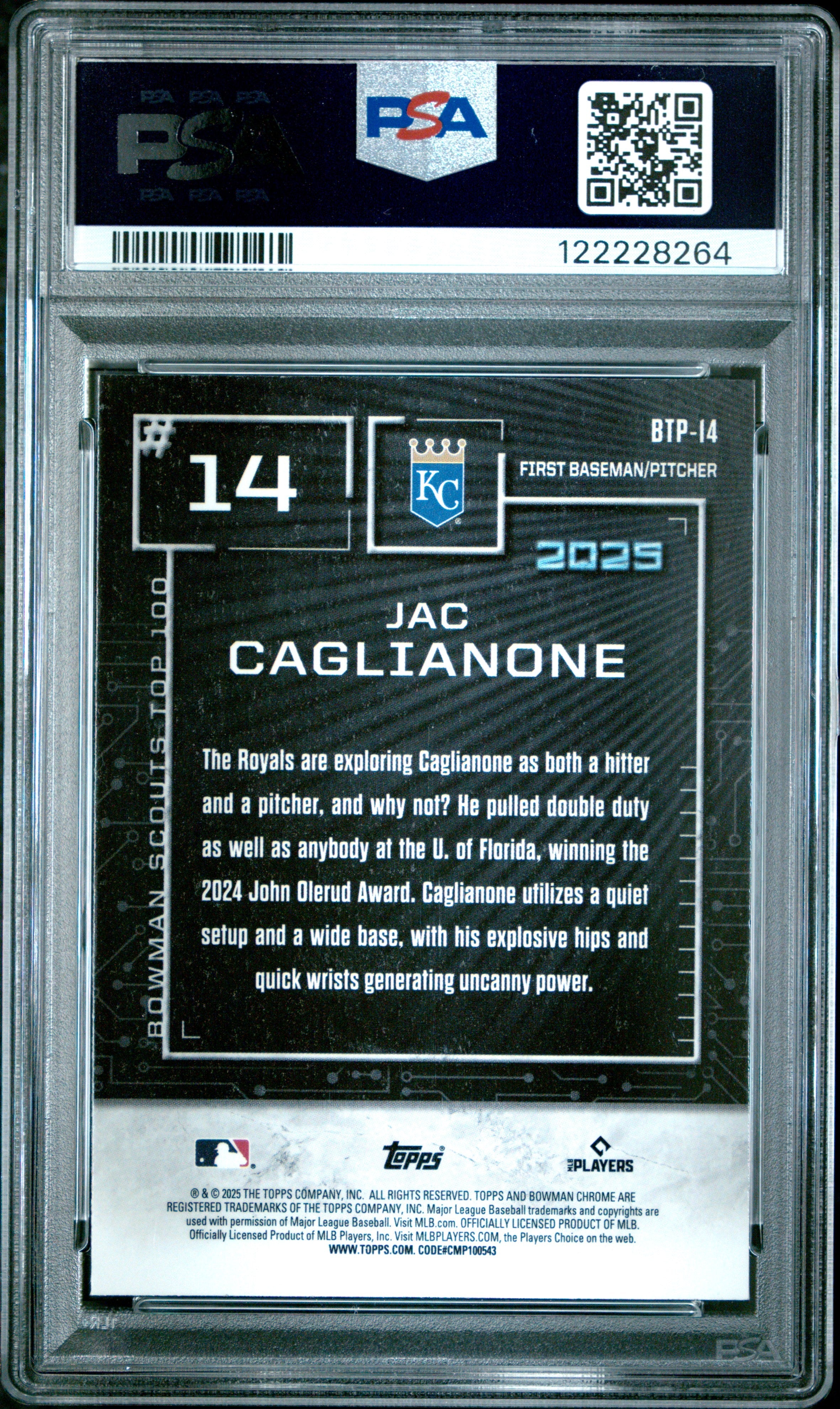 Graded 2025 Topps Bowman Jac Caglianone #BTP14 Scouts Top 100 Rookie RC Baseball Card PSA 10 Gem Mint