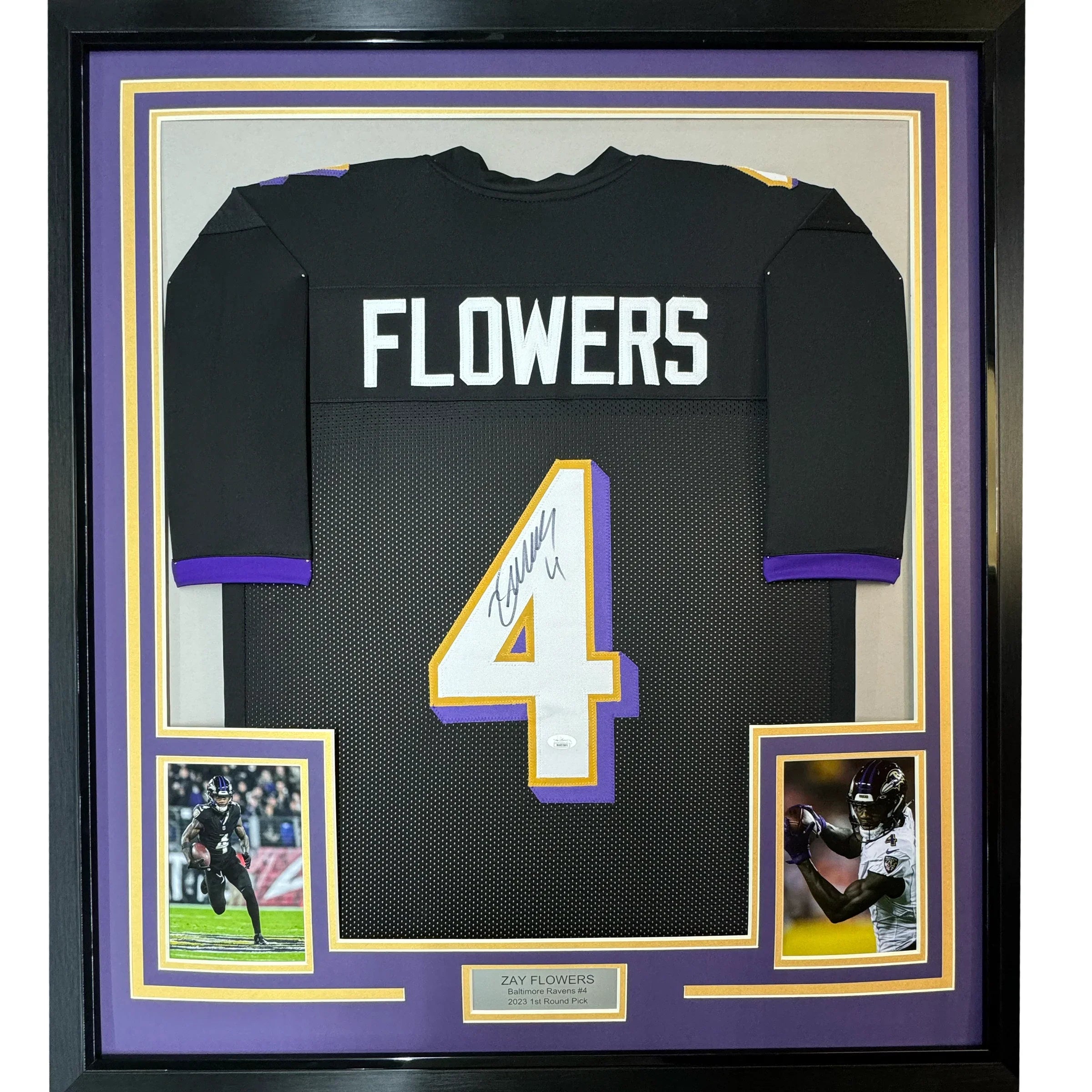 Framed Autographed/Signed Zay Flowers 35x39 Baltimore Black Football Jersey JSA COA