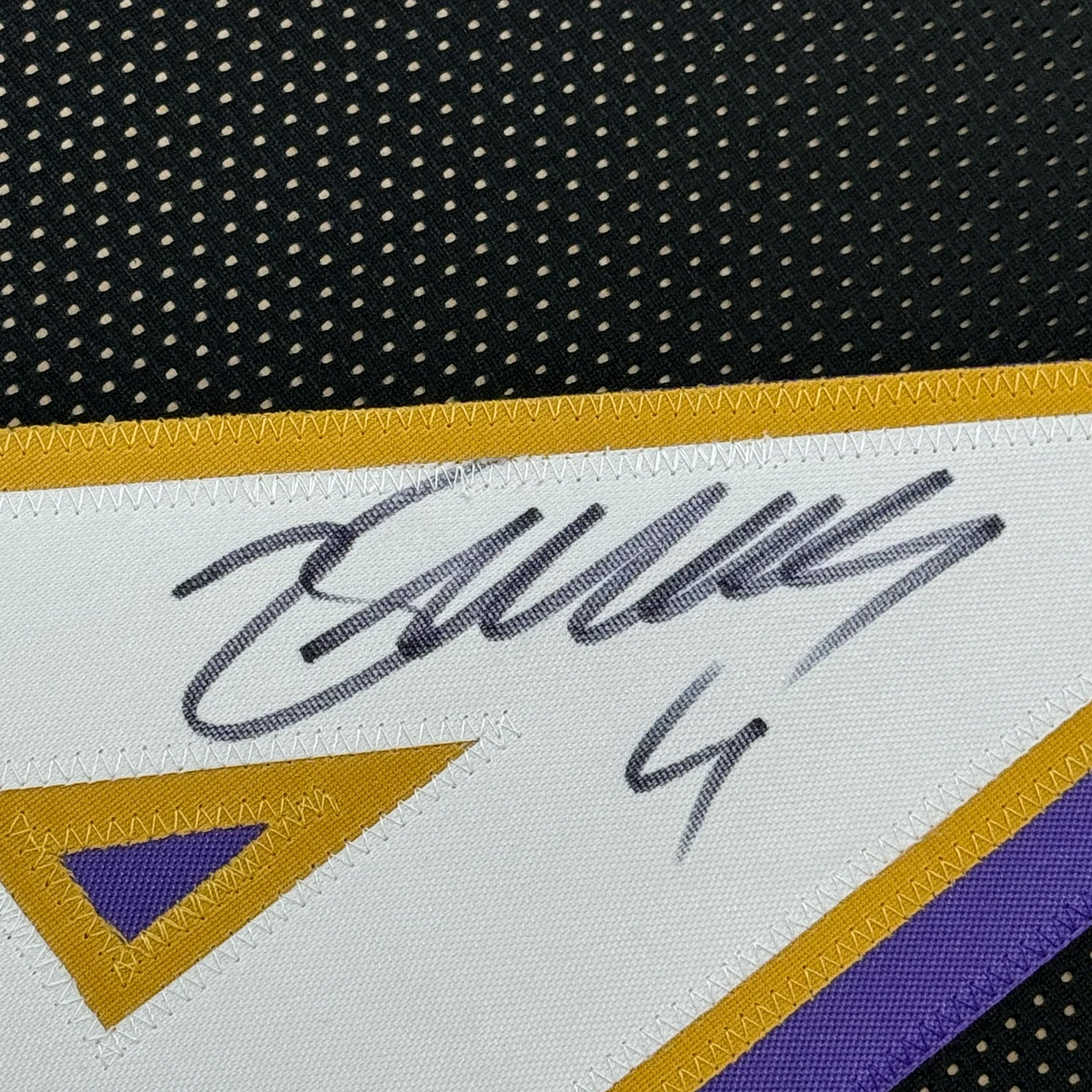 Framed Autographed/Signed Zay Flowers 35x39 Baltimore Black Football Jersey JSA COA