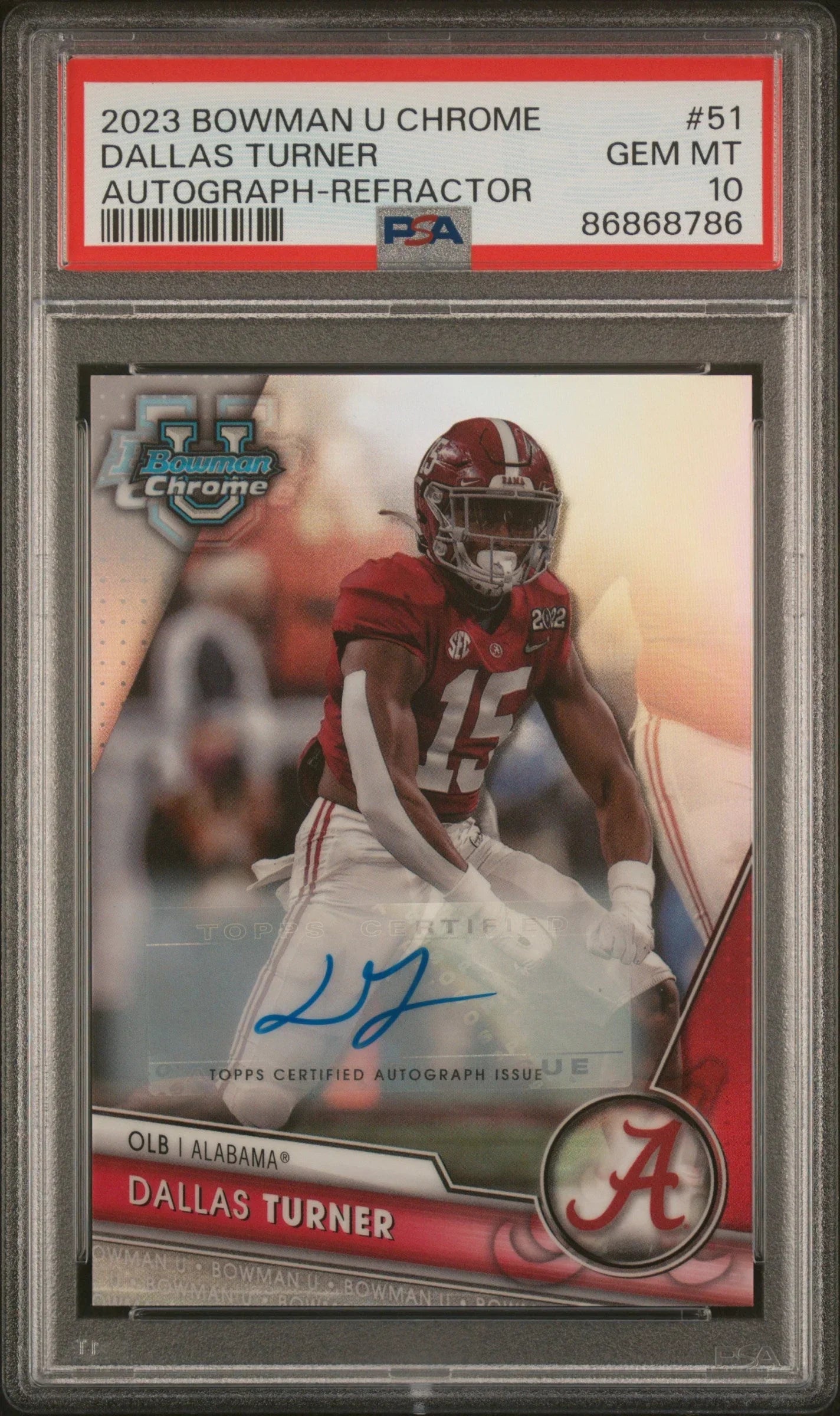 Graded 2023 Topps Bowman U Chrome Dallas Turner #51 Auto Refractor #/499 Rookie RC Football Card PSA 10
