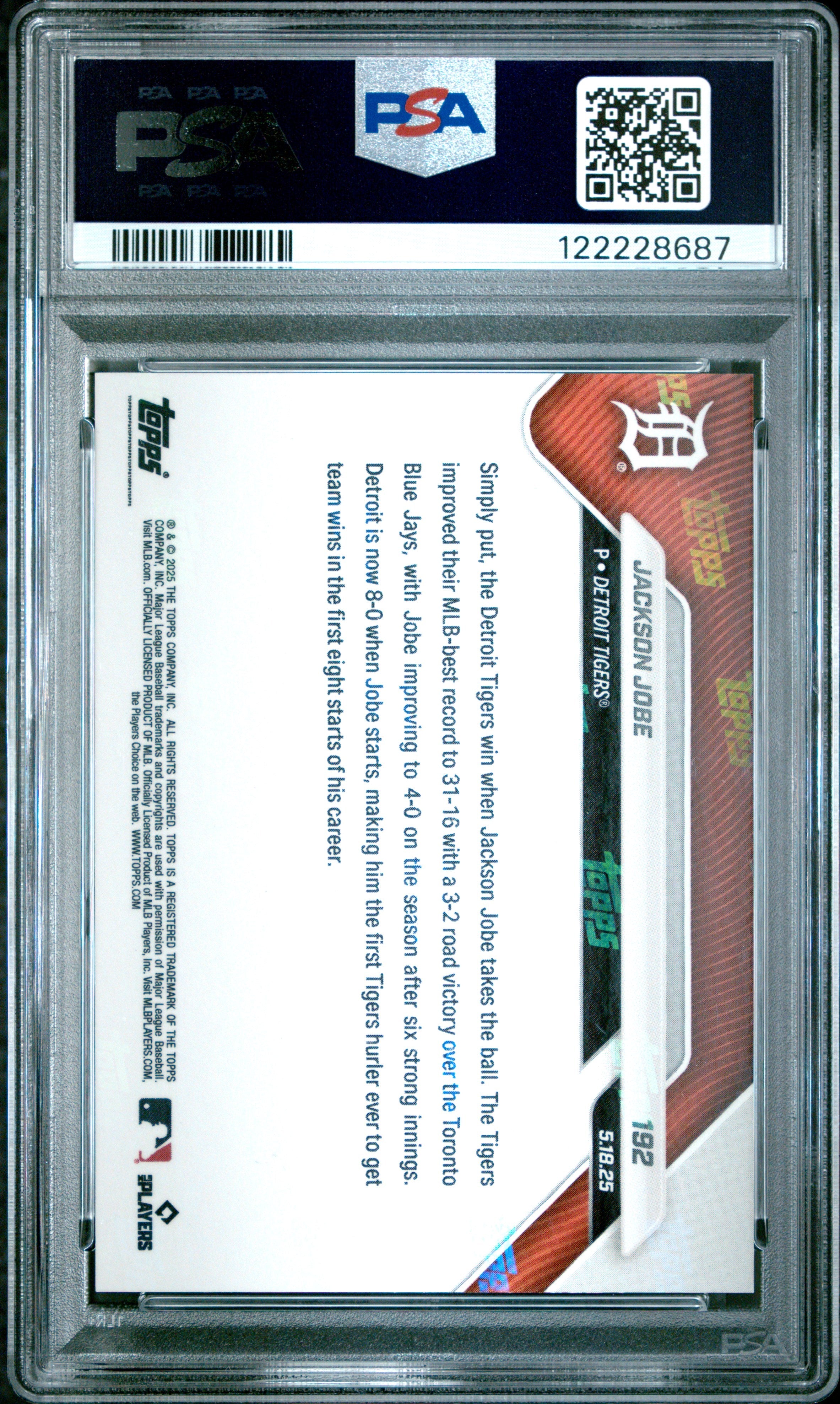 Graded 2025 Topps Now Jackson Jobe #192 Gold Foil /50 Rookie RC Baseball Card PSA 9 Mint