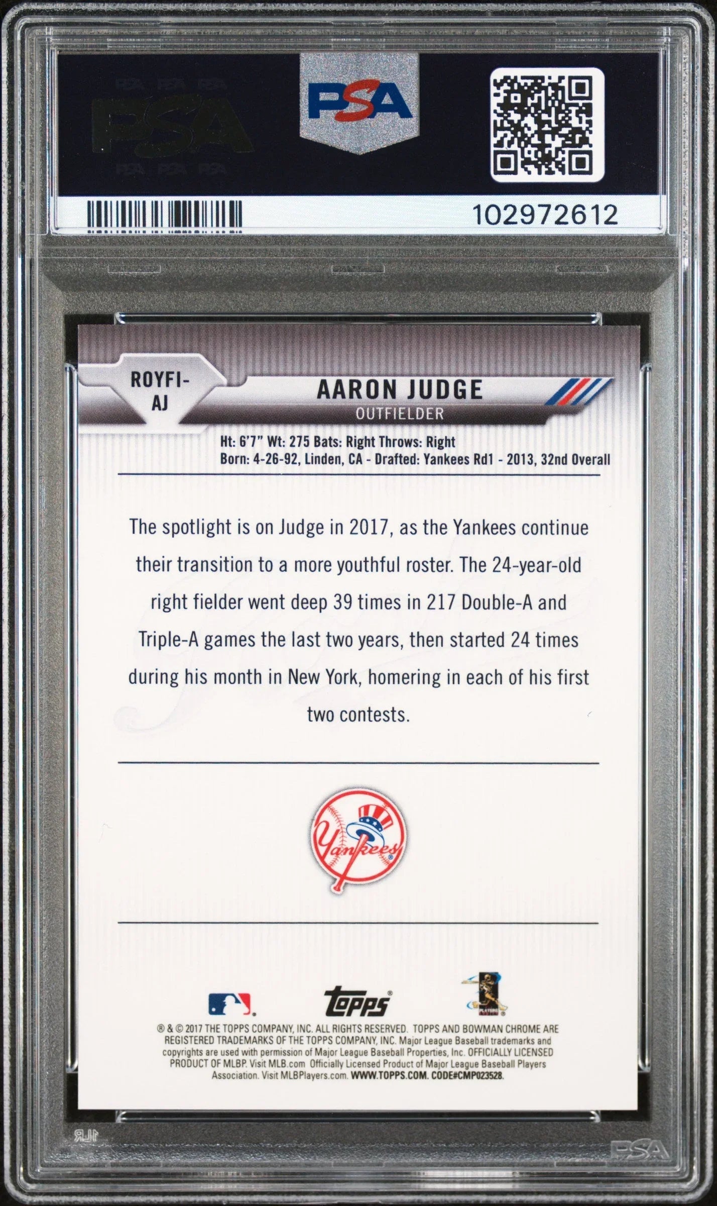 Graded 2017 Topps Bowman Mega Box Aaron Judge #AJ Chrome ROY Favorites Rookie RC Baseball Card PSA 10 Gem Mint