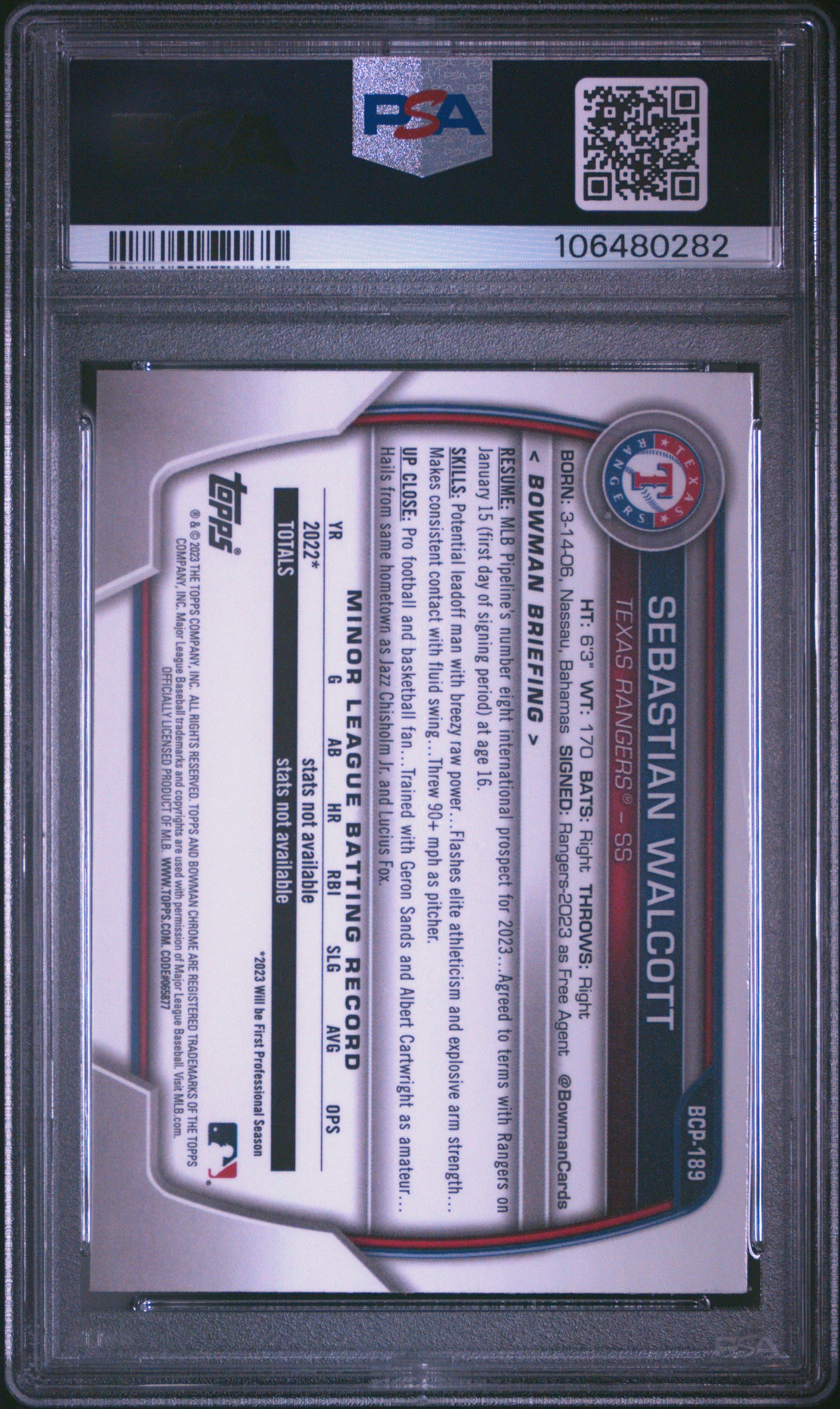 Graded 2023 Topps Bowman Chrome Sebastian Walcott #BCP189 Prospects Rookie RC Baseball Card PSA 10 Gem Mint