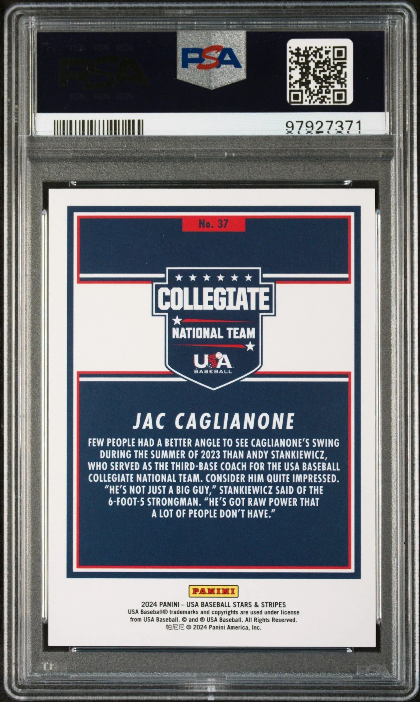 Graded 2024 Panini Stars & Stripes USA Jac Caglianone #37 Rookie RC Baseball Card PSA 10 Gem Mint