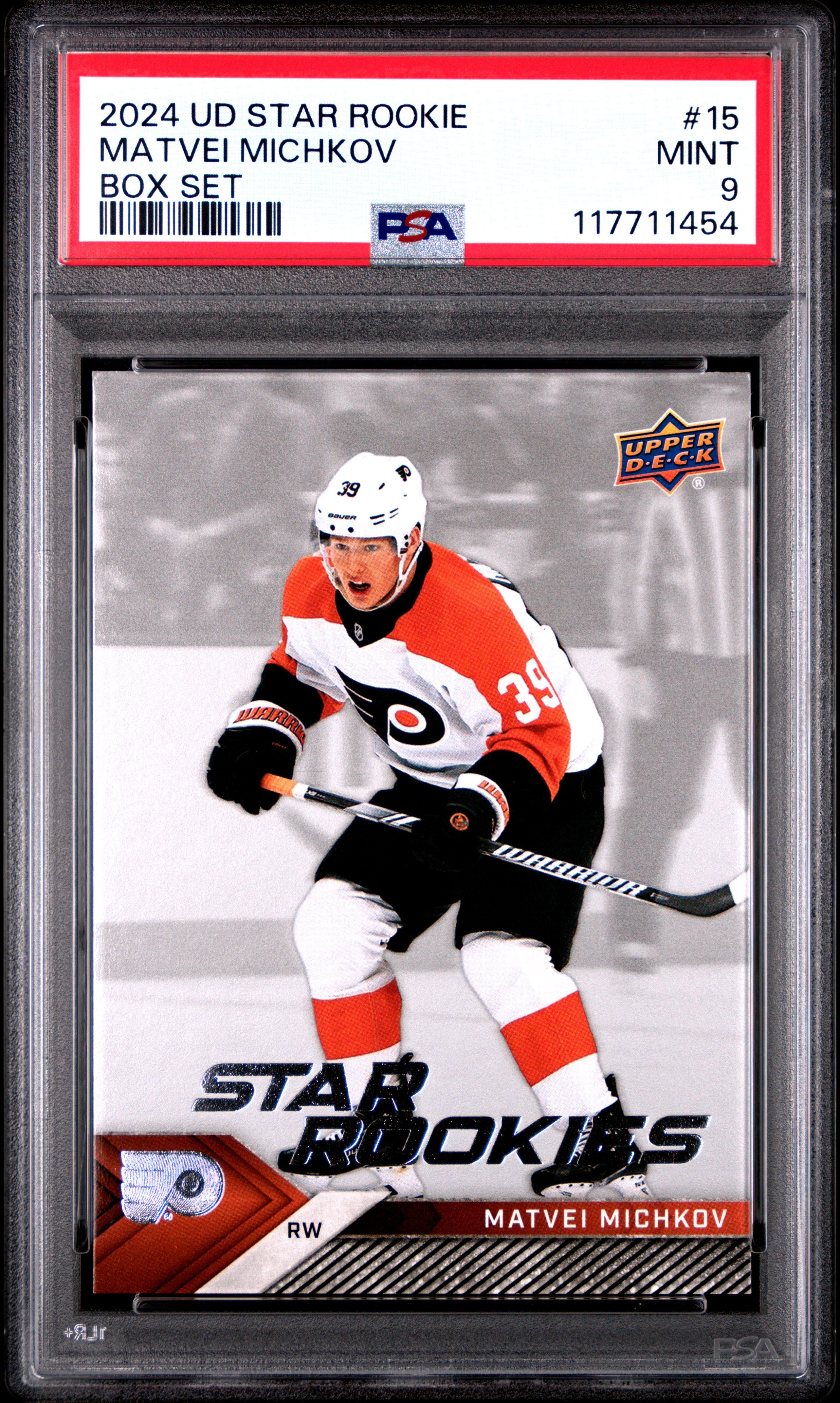 Graded 2024 Upper Deck Star Rookie Matvei Michkov #15 Box Set Rookie RC Hockey Card PSA 9 Mint
