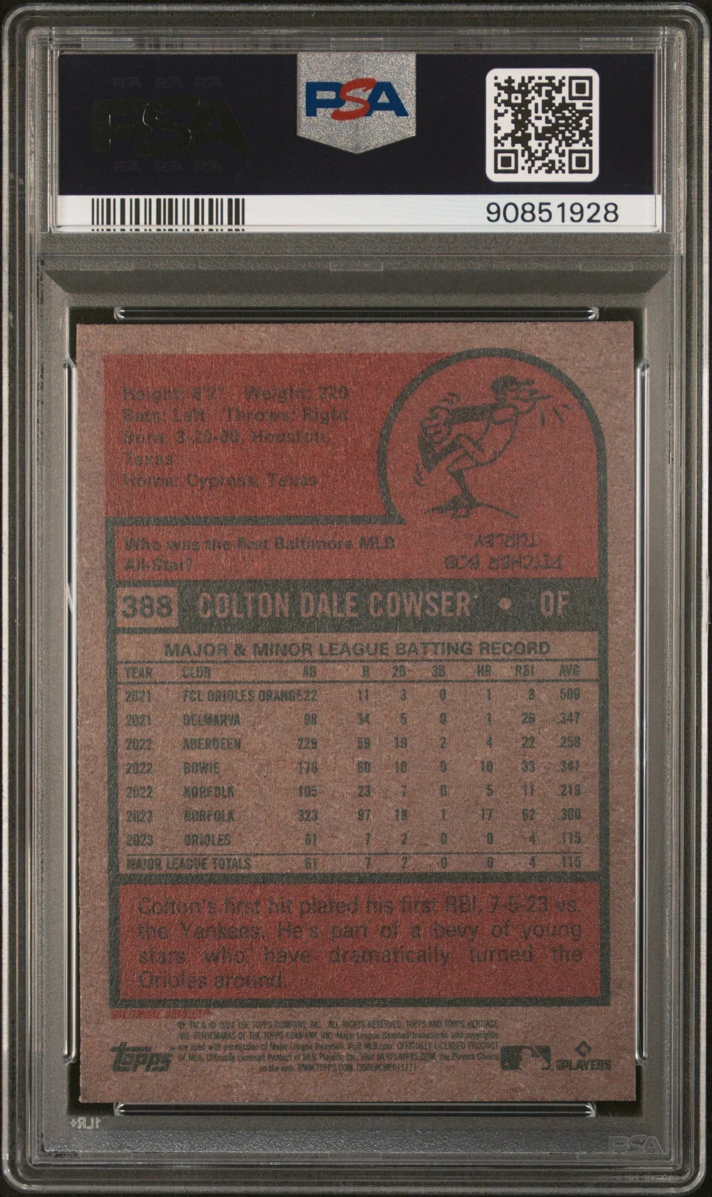 Graded 2024 Topps Heritage Colton Cowser #388 Rookie RC Baseball Card PSA 10 Gem Mint