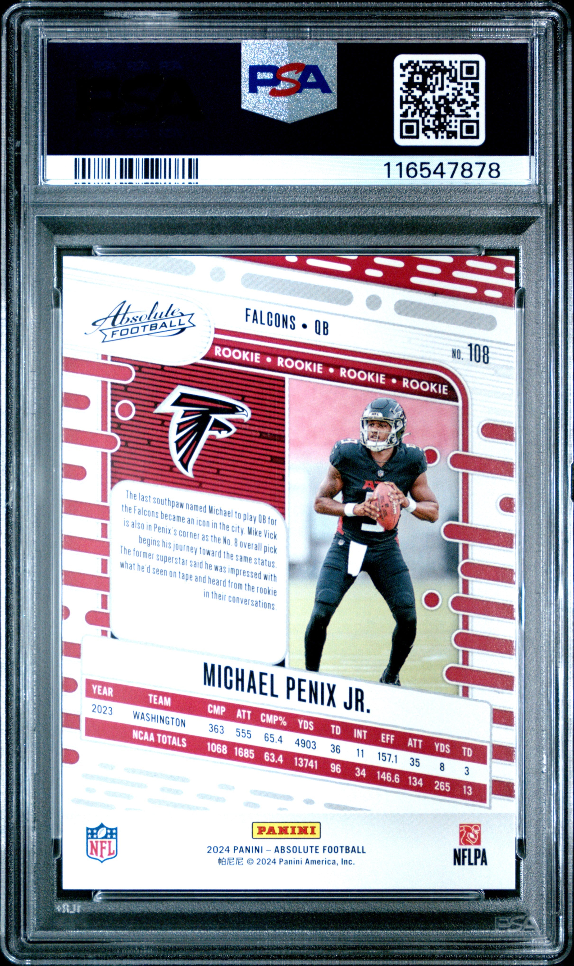 Graded 2024 Panini Absolute Michael Penix Jr #108 Red Squares Rookie RC Football Card PSA 10 Gem Mint
