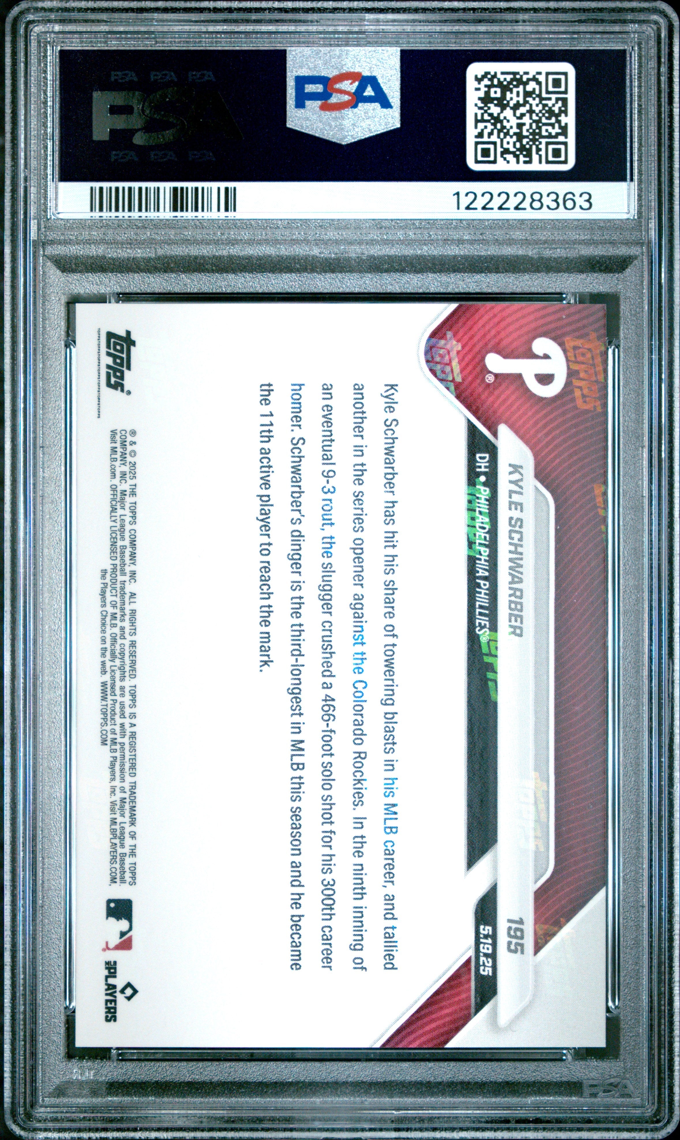 Graded 2025 Topps Now Kyle Schwarber #195 Baseball Card PSA 10 Gem Mint