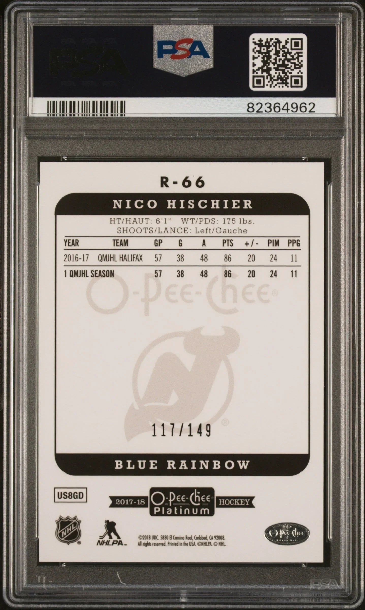 Graded 2017 UD O.P.C Platinum Nico Hischier #R-66 Retro-Blue Rainbow #/149 Rookie RC Hockey Card PSA 10 Gem Mint
