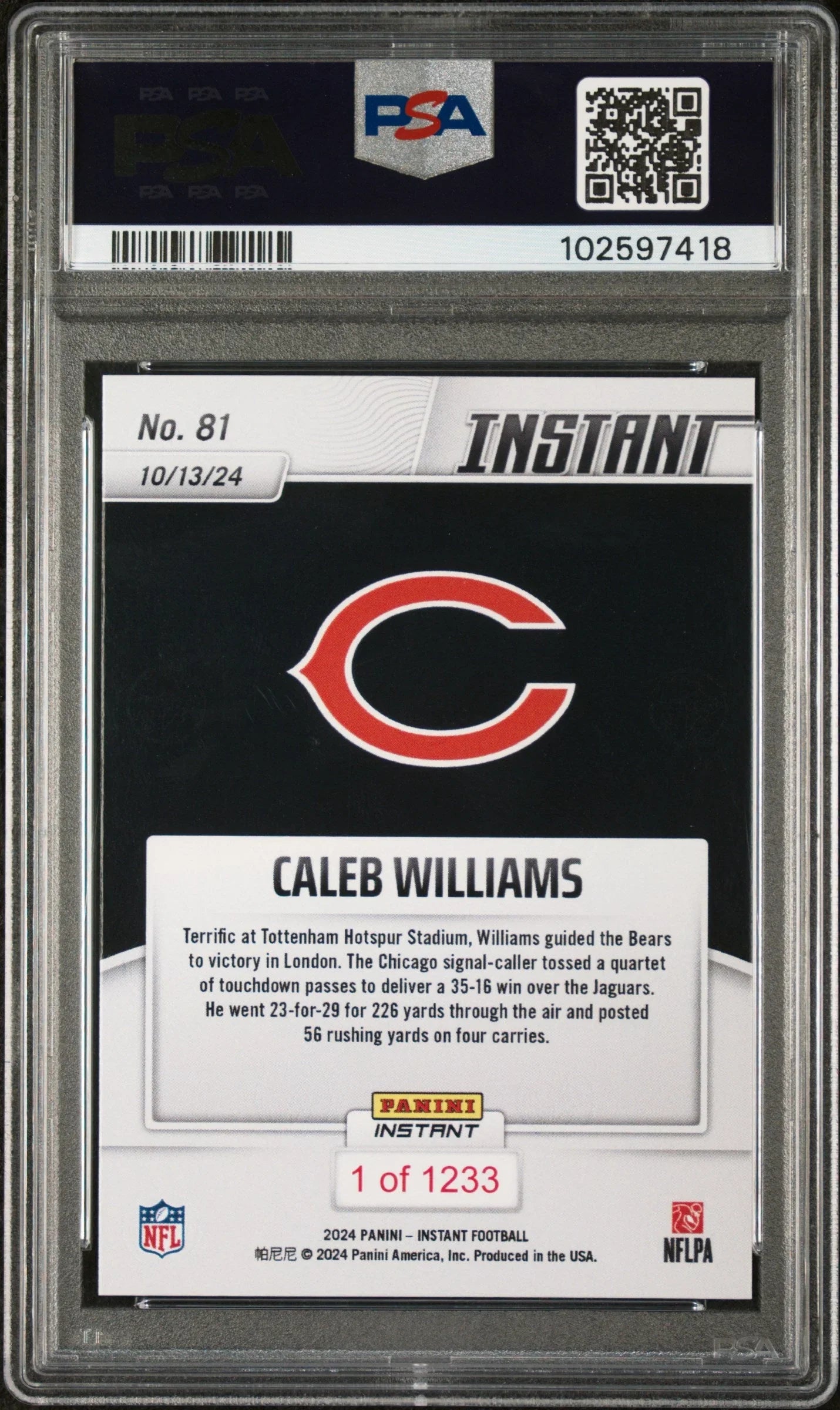 Graded 2024 Panini Instant NFL Caleb Williams #81 Rookie RC Football Card PSA 10 Gem Mint