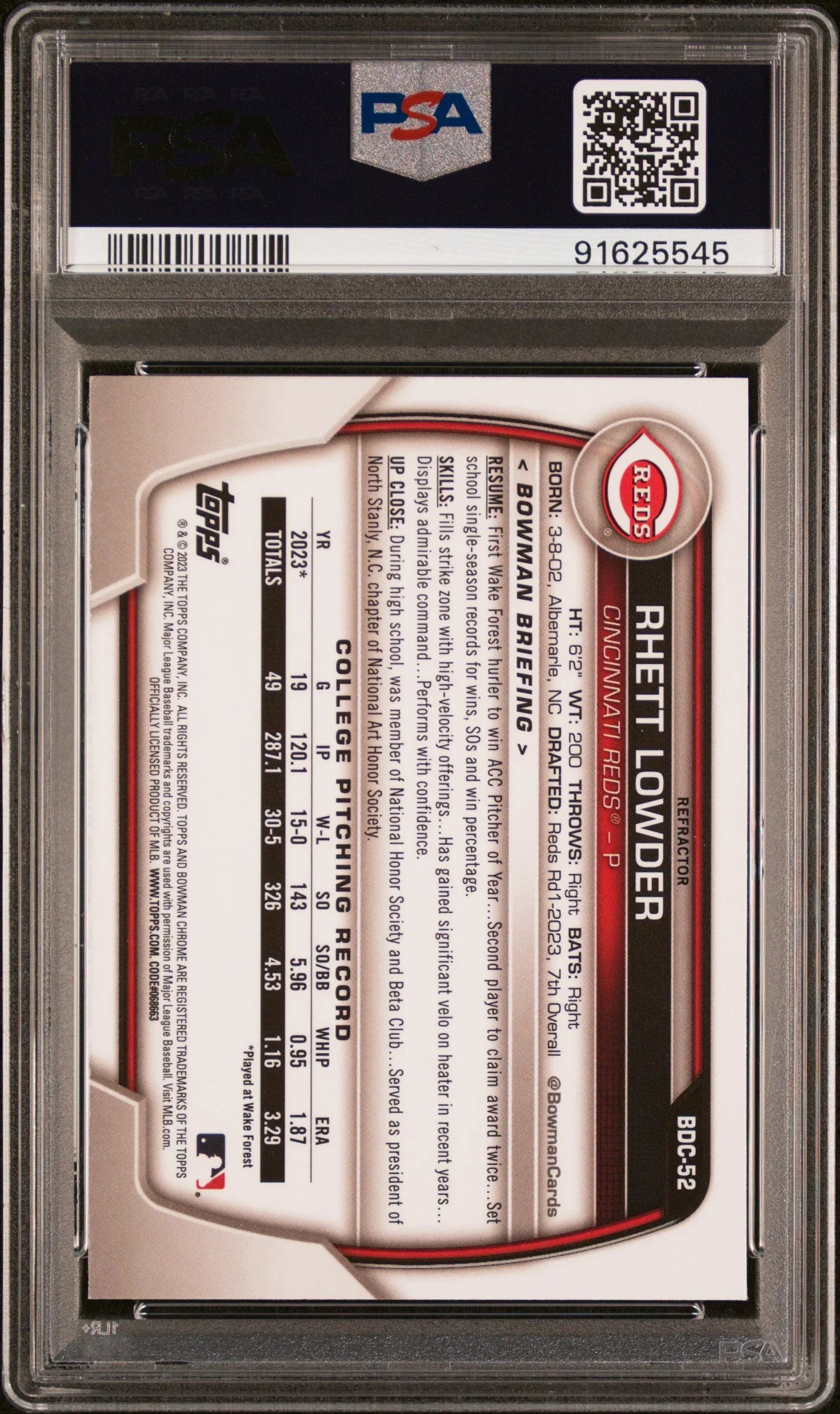 Graded 2023 Topps Bowman Draft Rhett Lowder #BDC52 Chrome Refractor Rookie RC Baseball Card PSA 10 Gem Mint