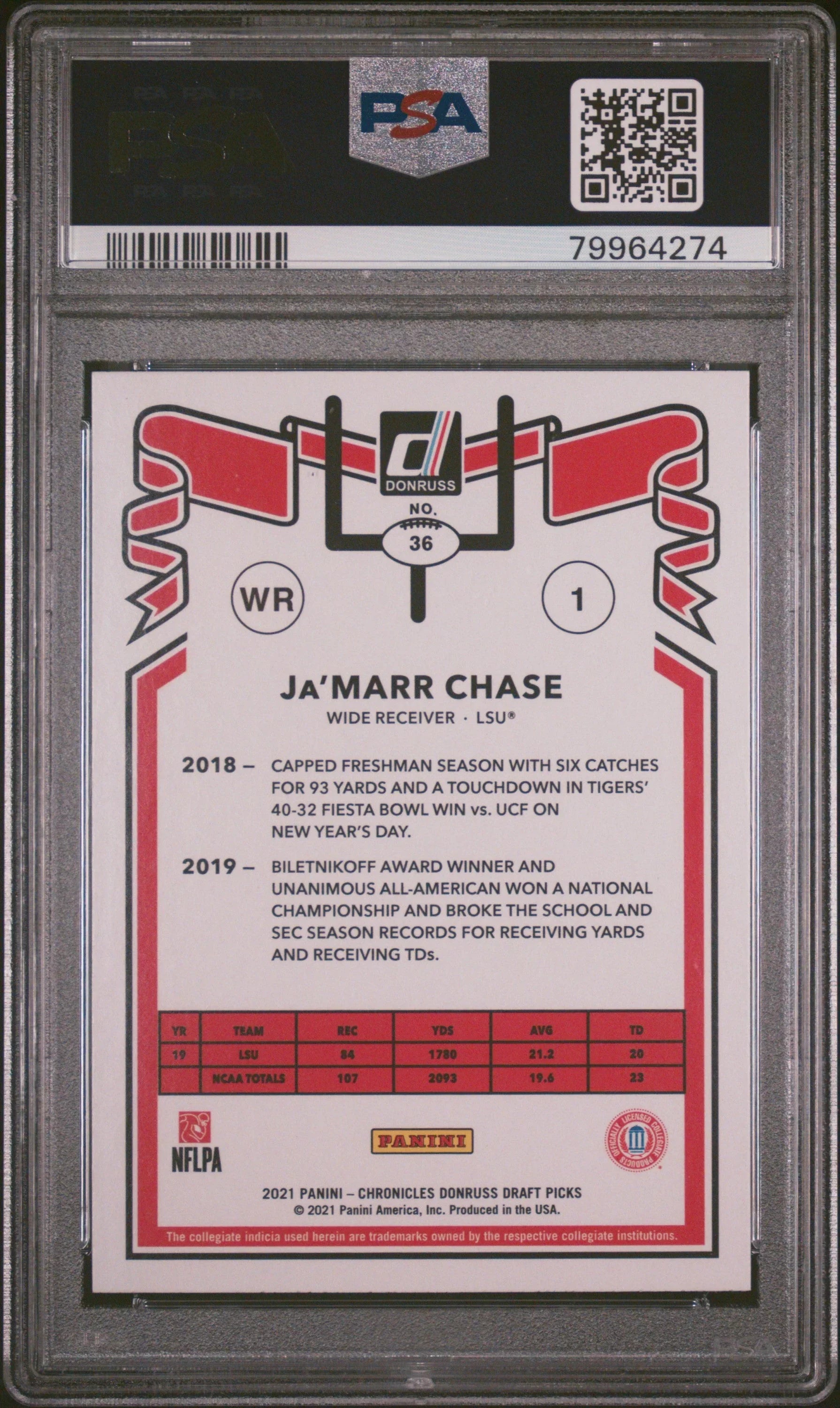 Graded 2021 Panini Chronicles Draft Picks Ja'Marr Chase #36 Rookie RC Football Card PSA 10 Gem Mint
