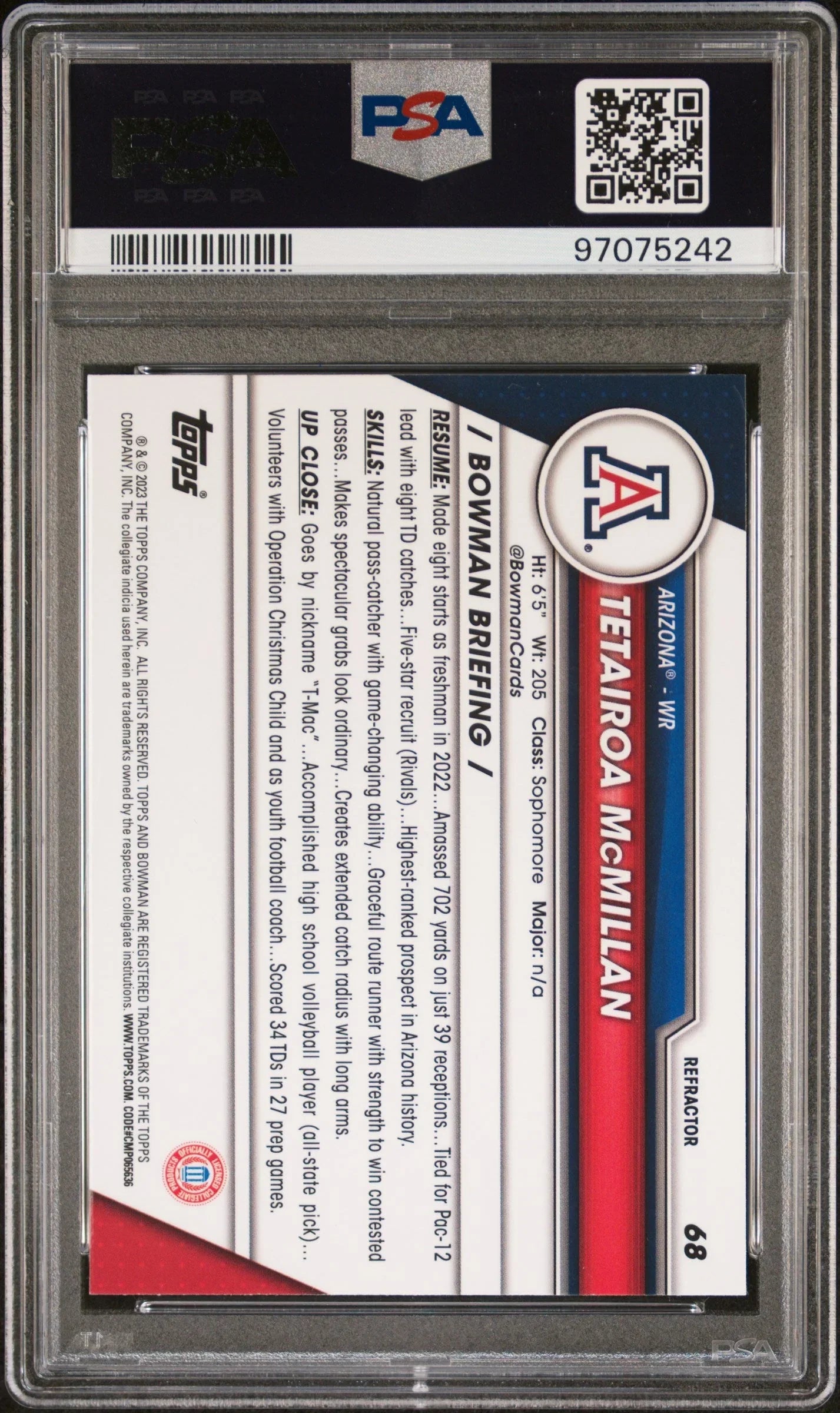 Graded 2023 Topps Bowman U Chrome Tetairoa McMillan #68 Refractor Rookie RC Football Card PSA 10 Gem Mint