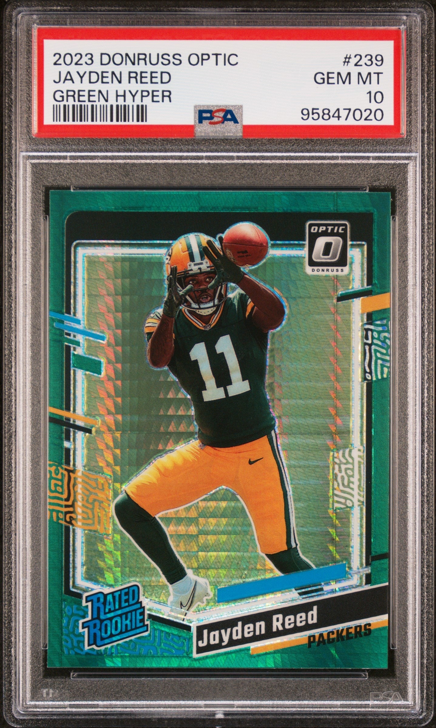 Graded 2023 Panini Donruss Optic Jayden Reed #239 Green Hyper Rookie RC Football Card PSA 10 Gem Mint