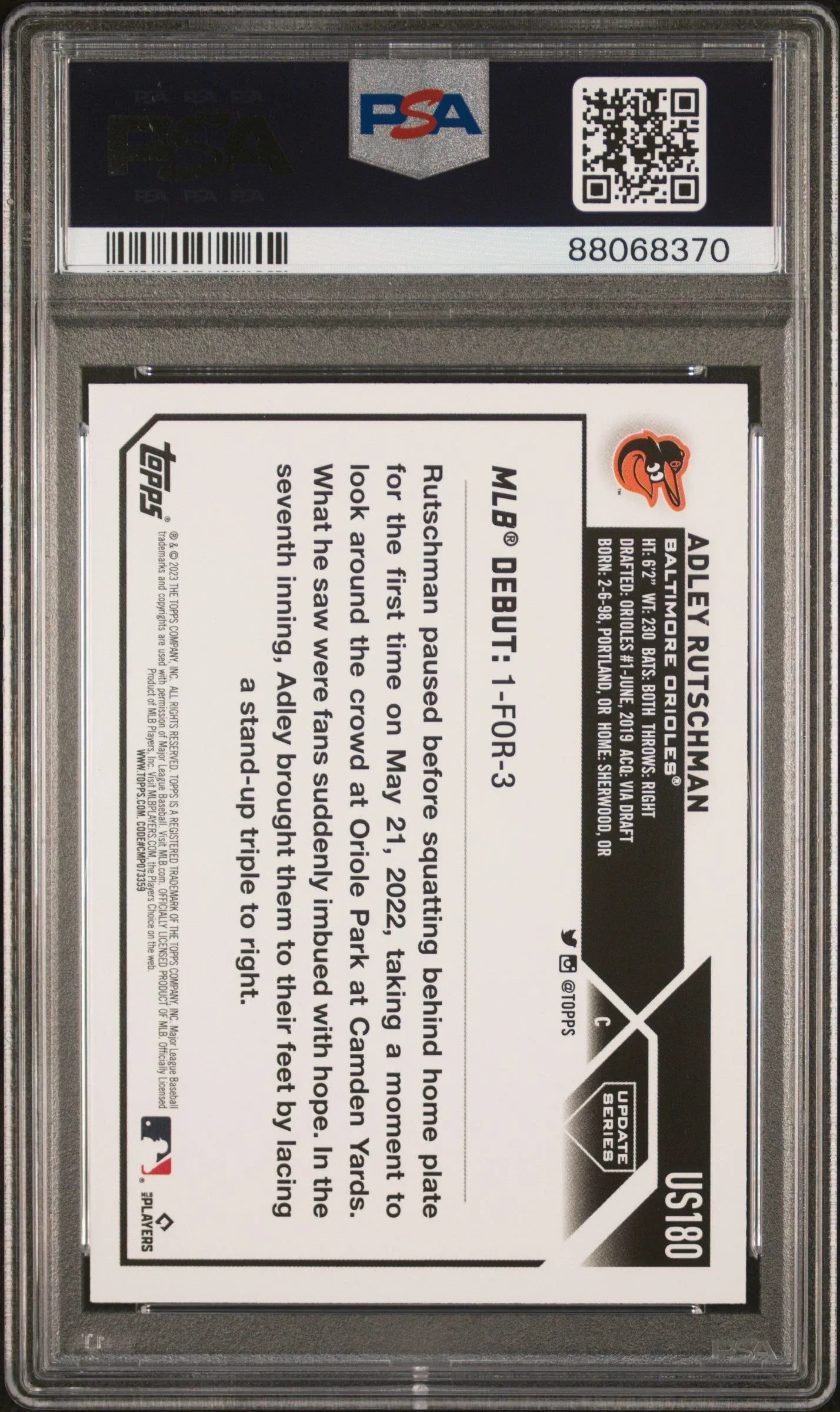 Graded 2023 Topps Update Adley Rutschman #US180 Orange & Black Foil Rookie RC Baseball Card PSA 10 Gem Mint