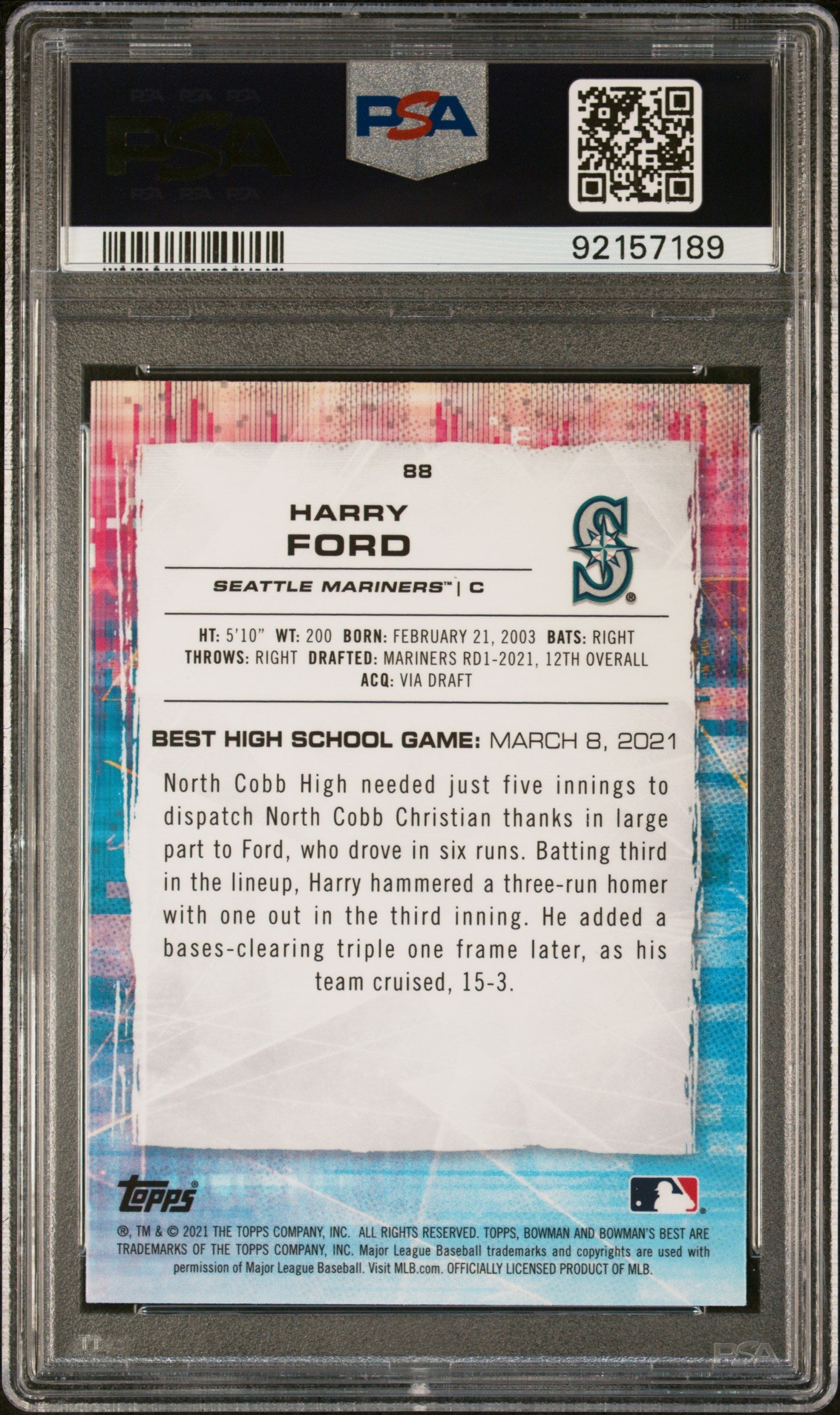 Graded 2021 Topps Bowmans Best Harry Ford #88 Atomic Refractor Rookie RC Baseball Card PSA 10 Gem Mint