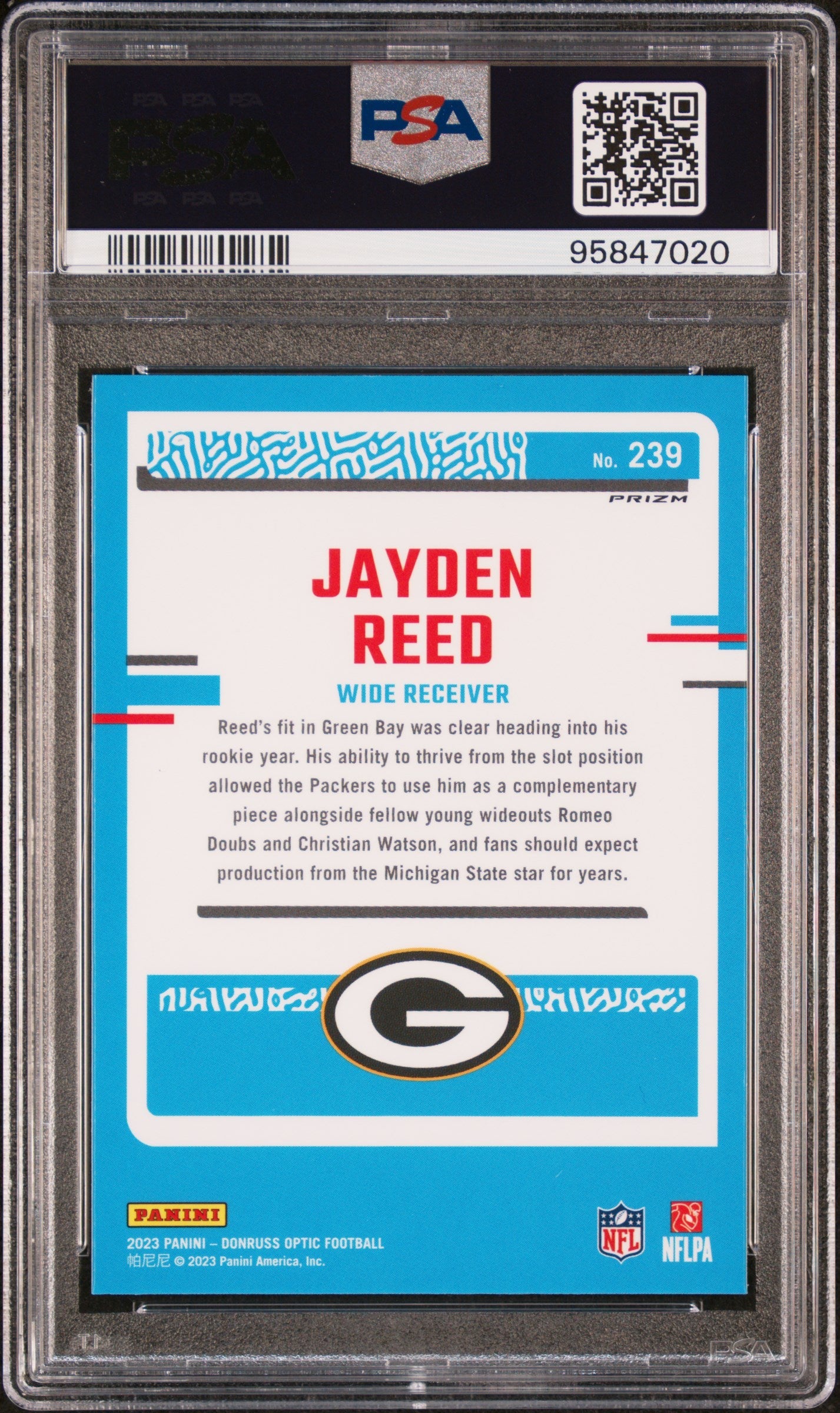 Graded 2023 Panini Donruss Optic Jayden Reed #239 Green Hyper Rookie RC Football Card PSA 10 Gem Mint