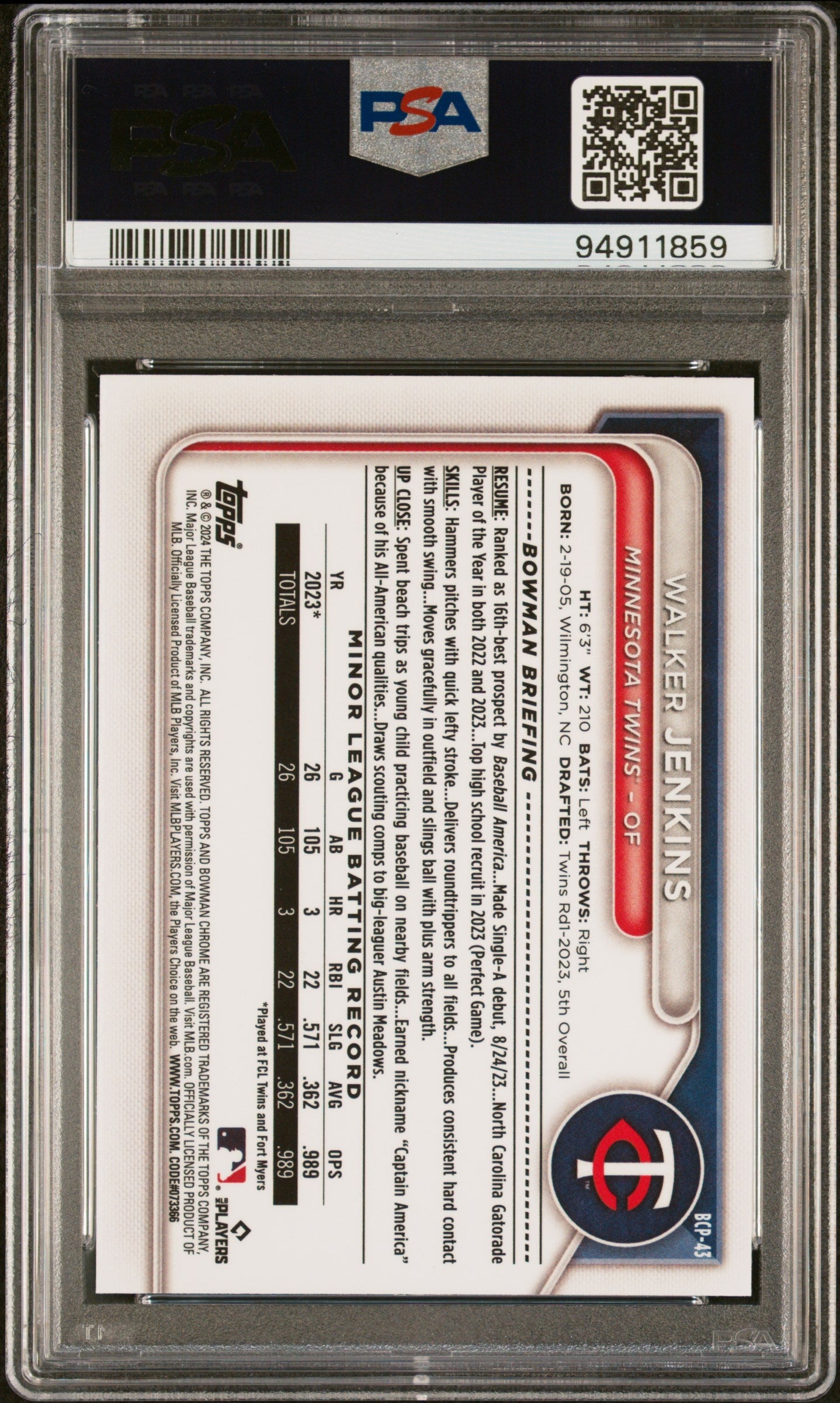 Graded 2024 Topps Bowman Mega Box Walker Jenkins #43 Rookie RC Baseball Card PSA 10 Gem Mint