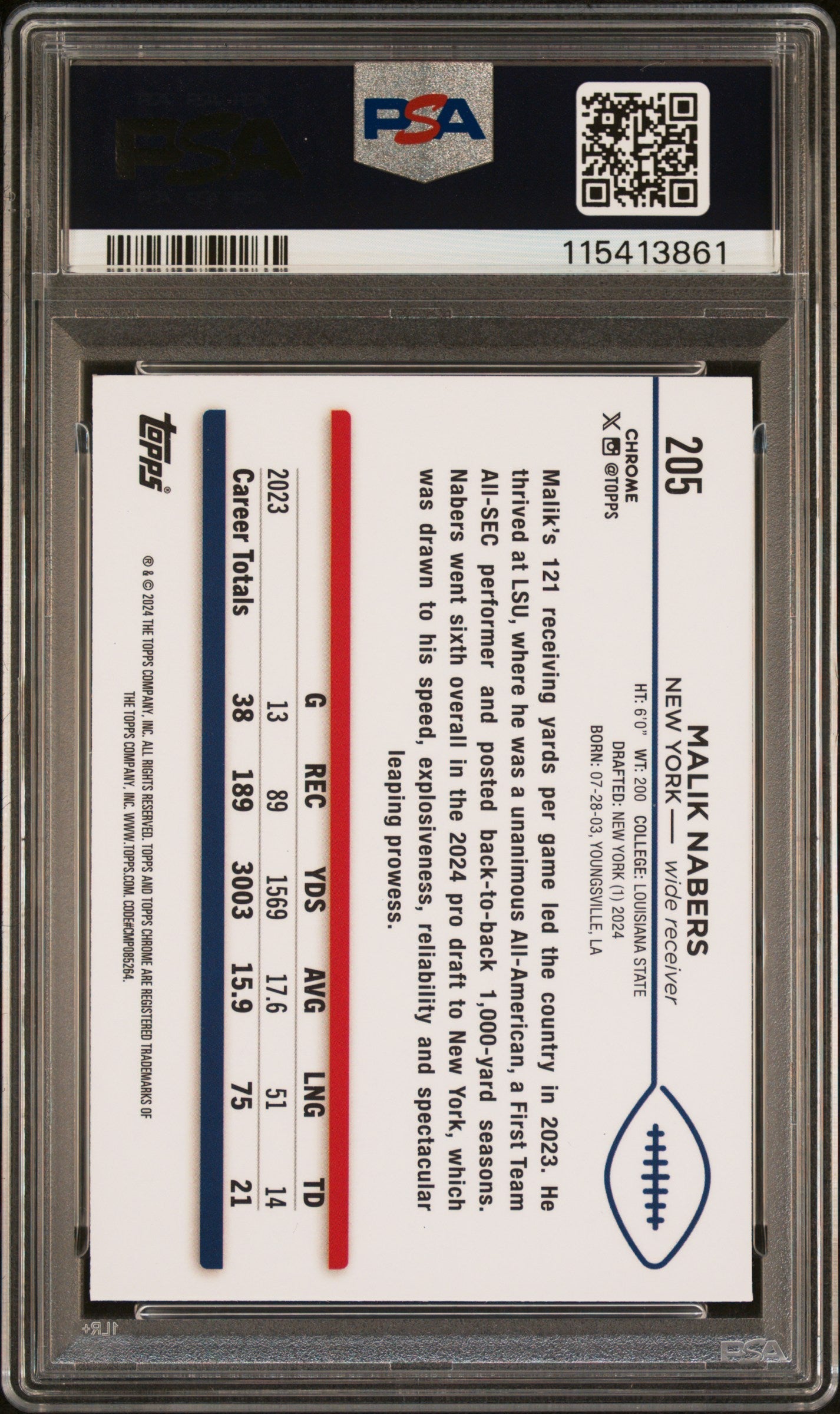 Graded 2024 Topps Chrome Malik Nabers #205 Rookie RC Football Card PSA 10 Gem Mint