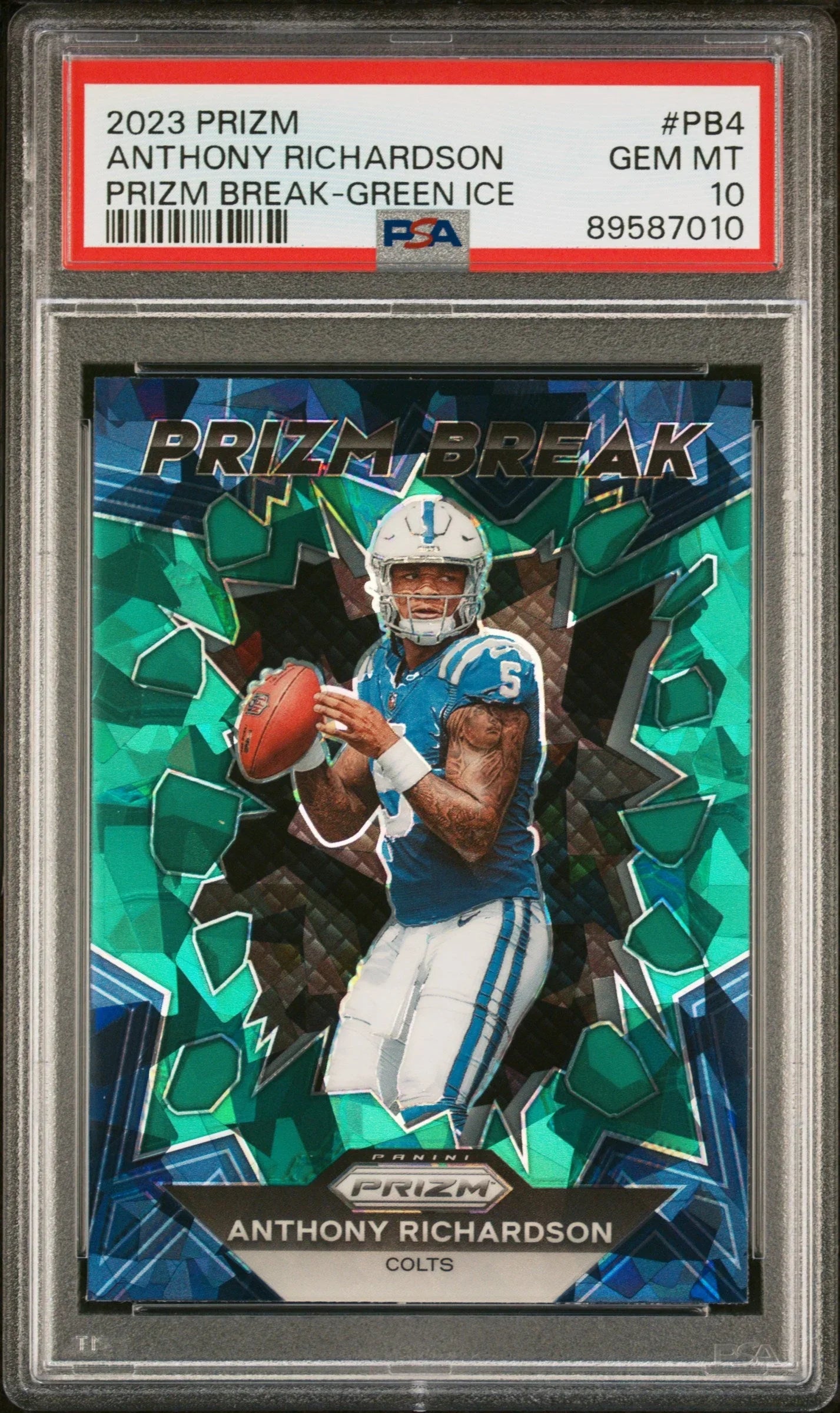 Graded 2023 Panini Prizm Anthony Richardson #PB4 Prizm Break Green Ice Rookie RC Football Card PSA 10 Gem Mint