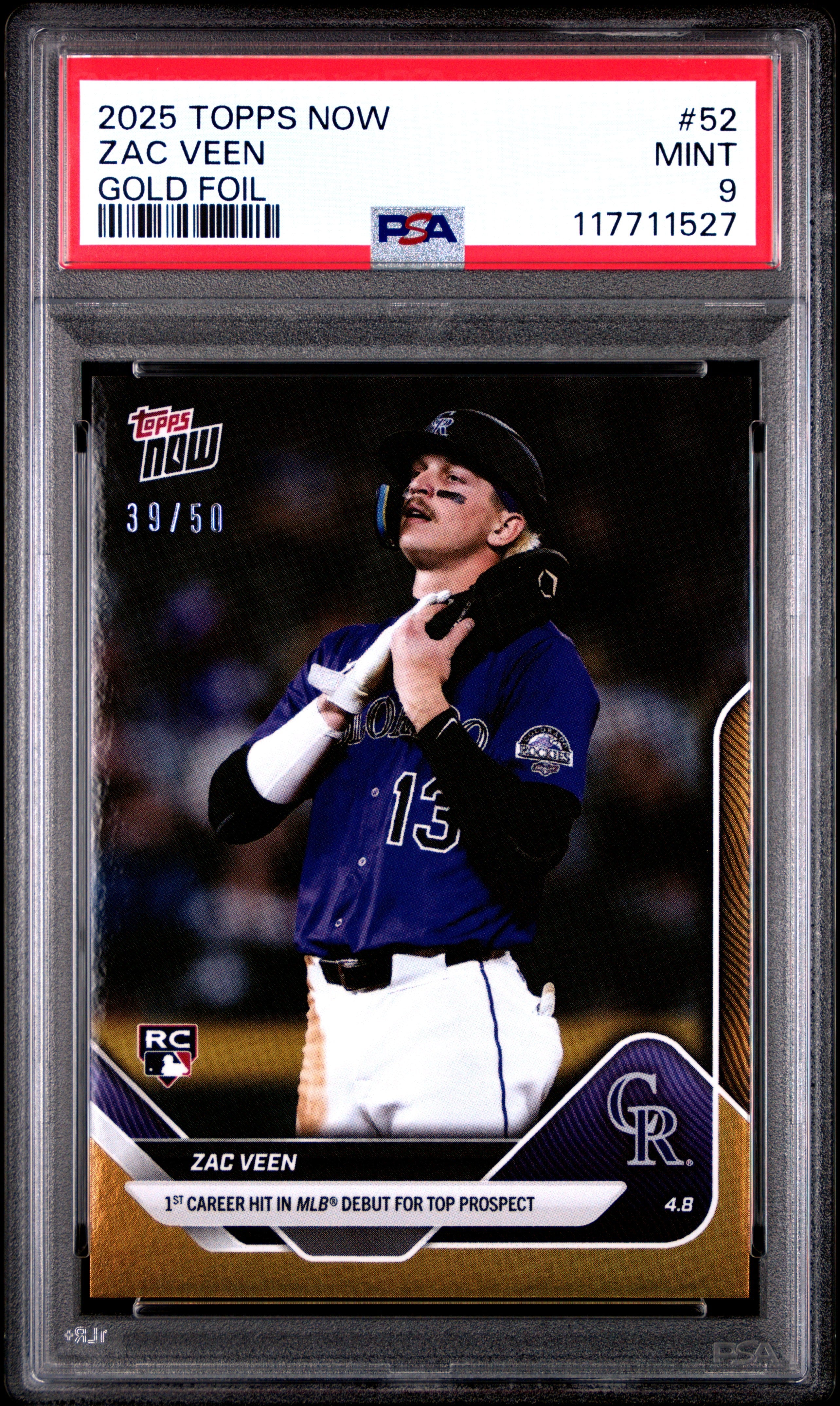 Graded 2025 Topps Now Zac Veen #52 Gold Foil /50 Rookie RC Baseball Card PSA 9 Mint