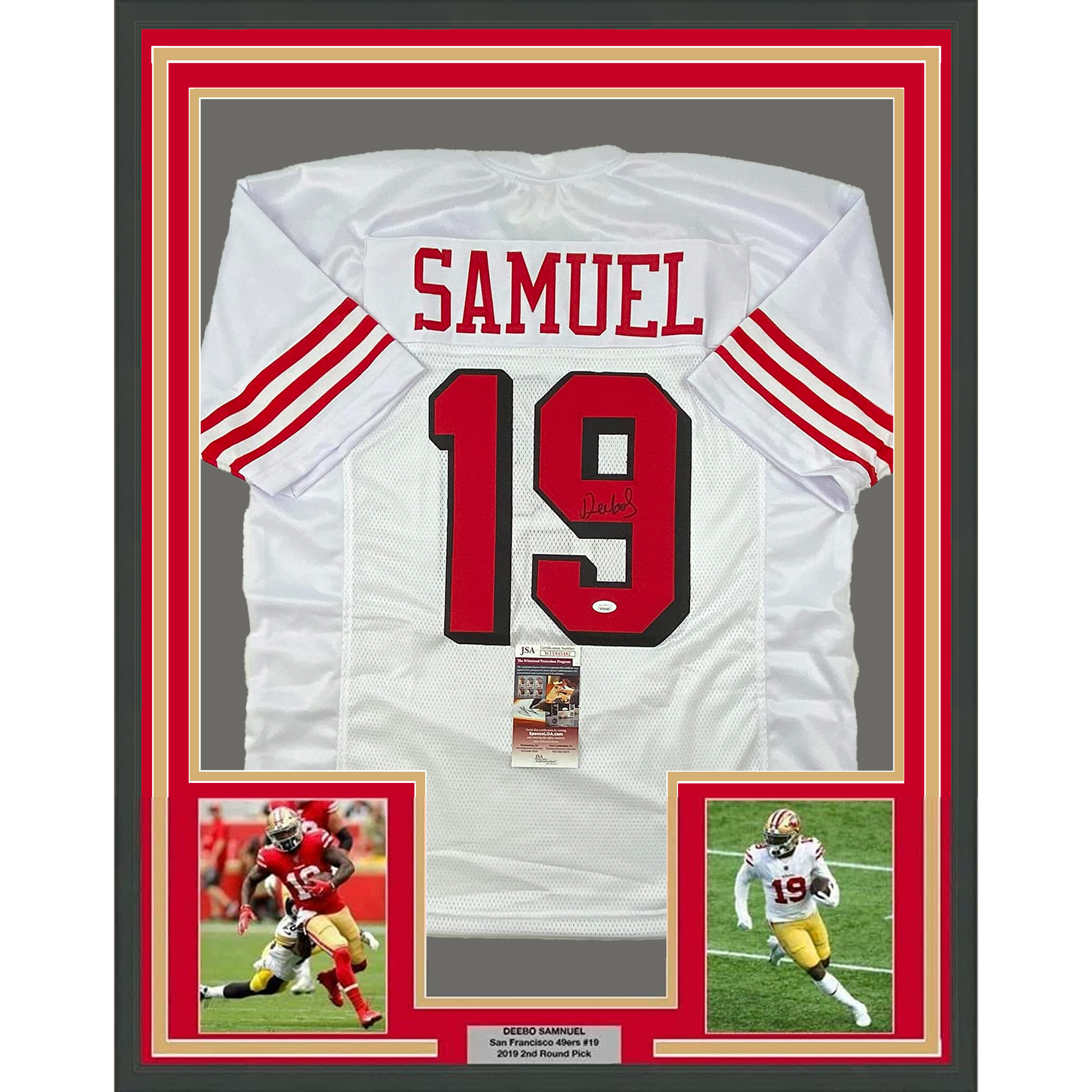 Framed Autographed/Signed Deebo Samuel 35x39 San Francisco White Alternate Football Jersey JSA COA