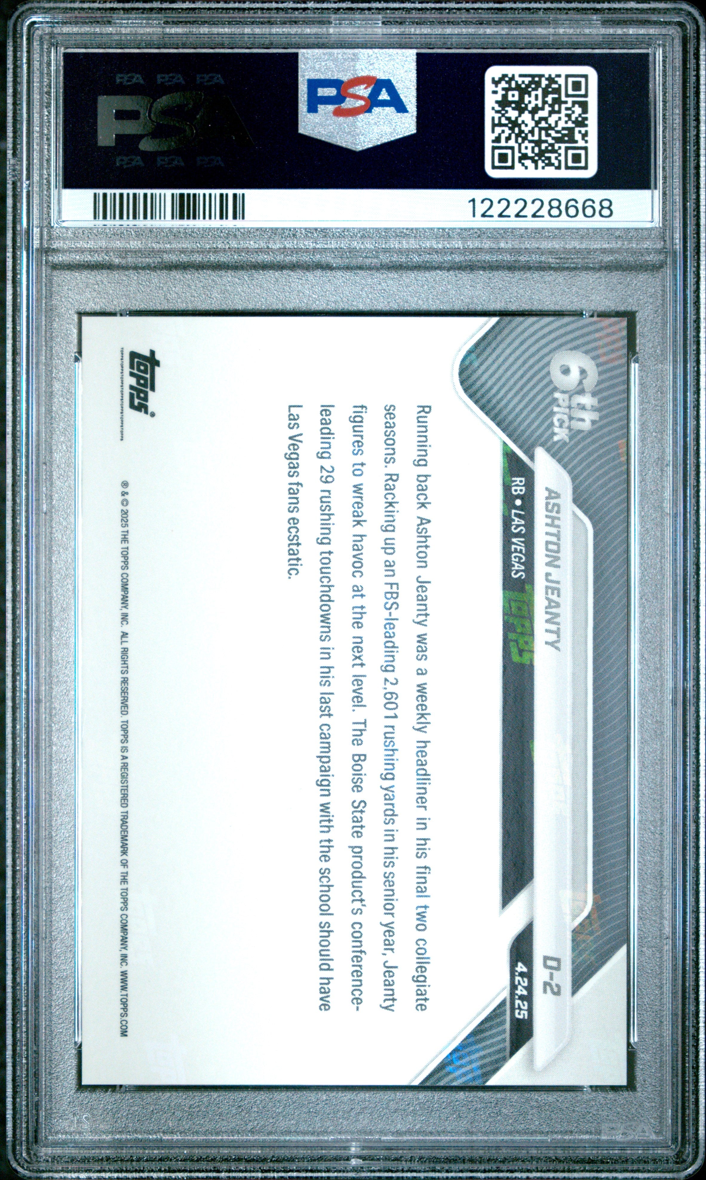 Graded 2025 Topps Now Ashton Jeanty #D2 Rookie RC Football Card PSA 9 Mint