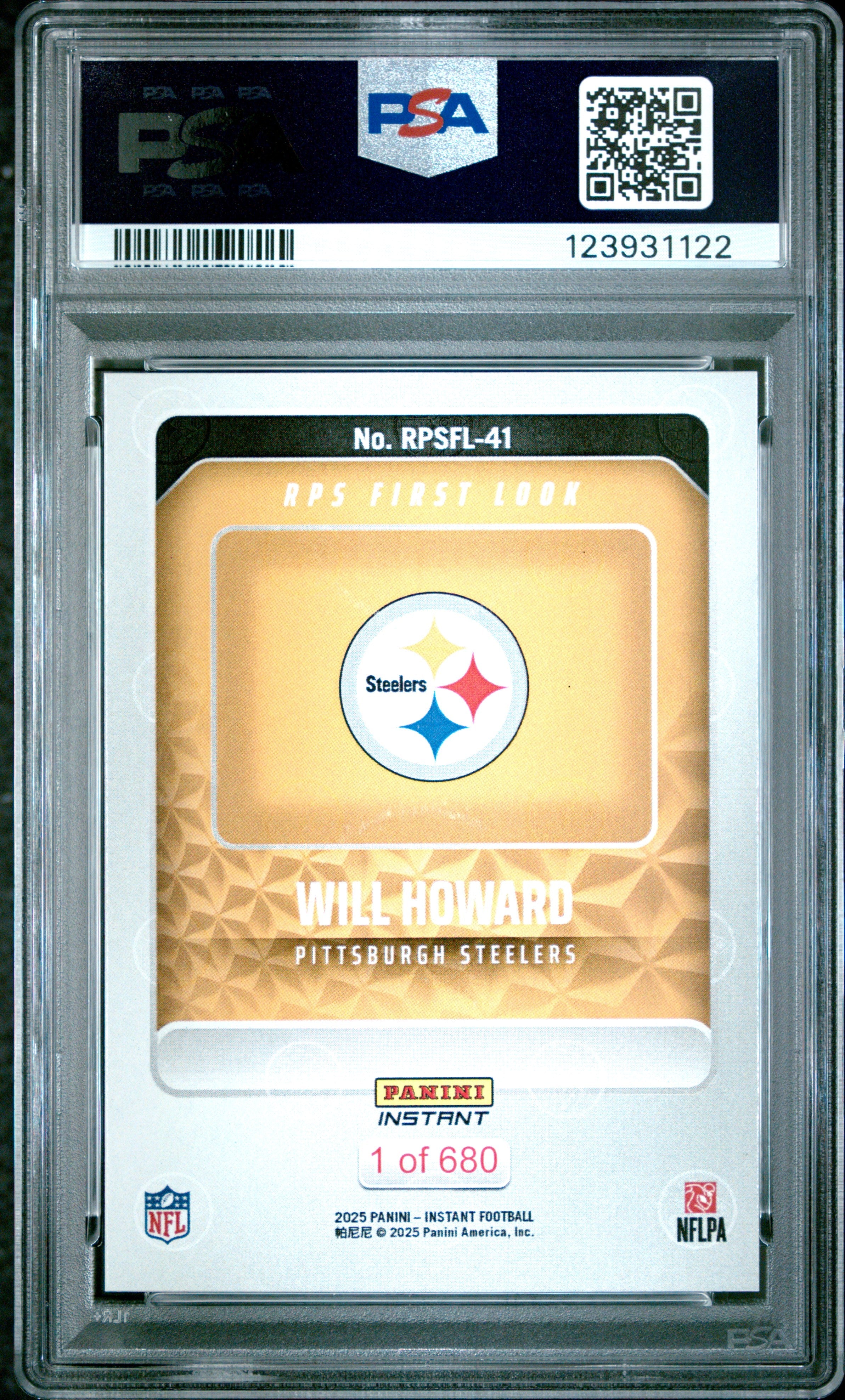 Graded 2025 Panini Instant Will Howard #RPSFL41 RPS First Look Rookie RC Football Card PSA 10 Gem Mint