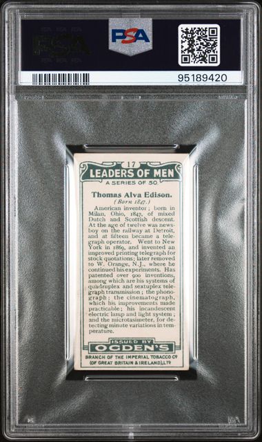 Graded 1924 Ogden's LTD. Leaders of Men Thomas Alva Edison #17 Baseball Tobacco Card PSA 7 Near Mint