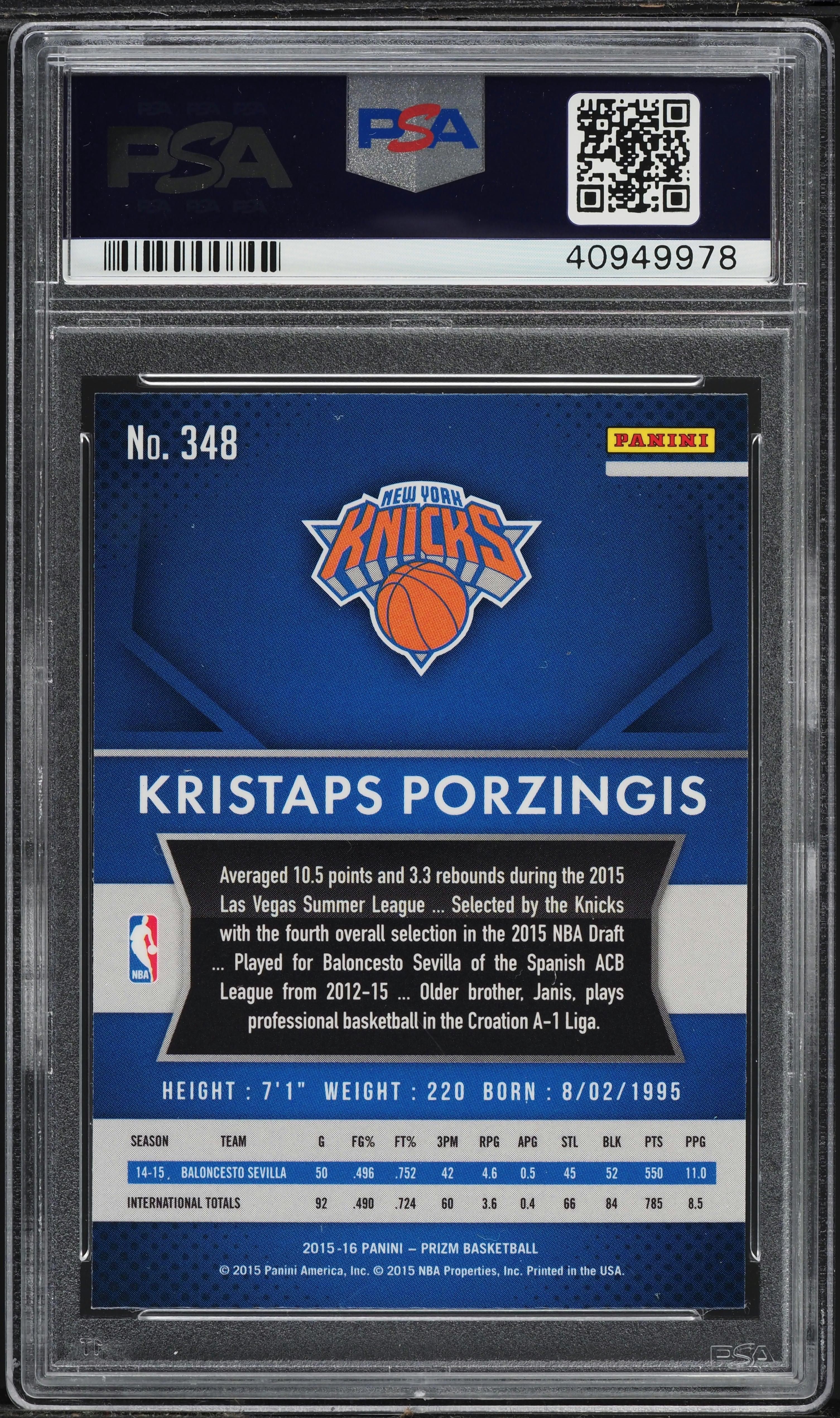 Graded 2015 Panini Prizm Kristaps Porzingis #348 Rookie RC Basketball Card PSA 10 Gem Mint