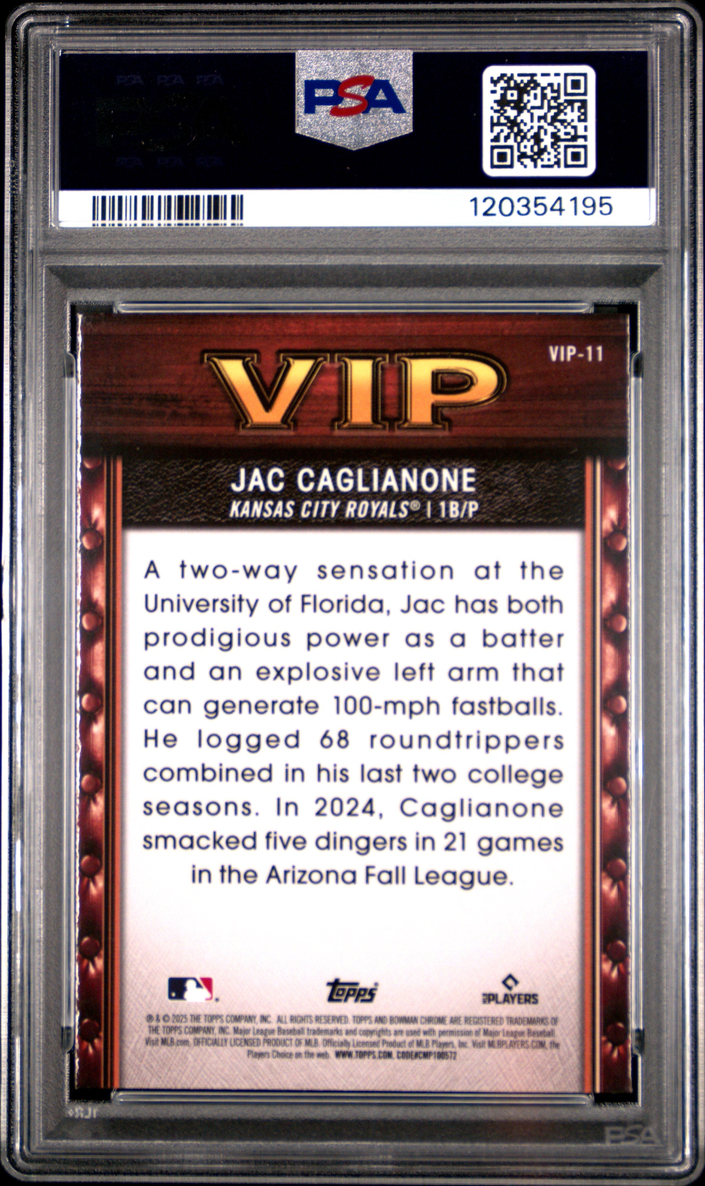 Graded 2025 Topps Bowman Jac Caglianone #VIP11 Very Important Prospects Rookie RC Baseball Card PSA 10 Gem Mint