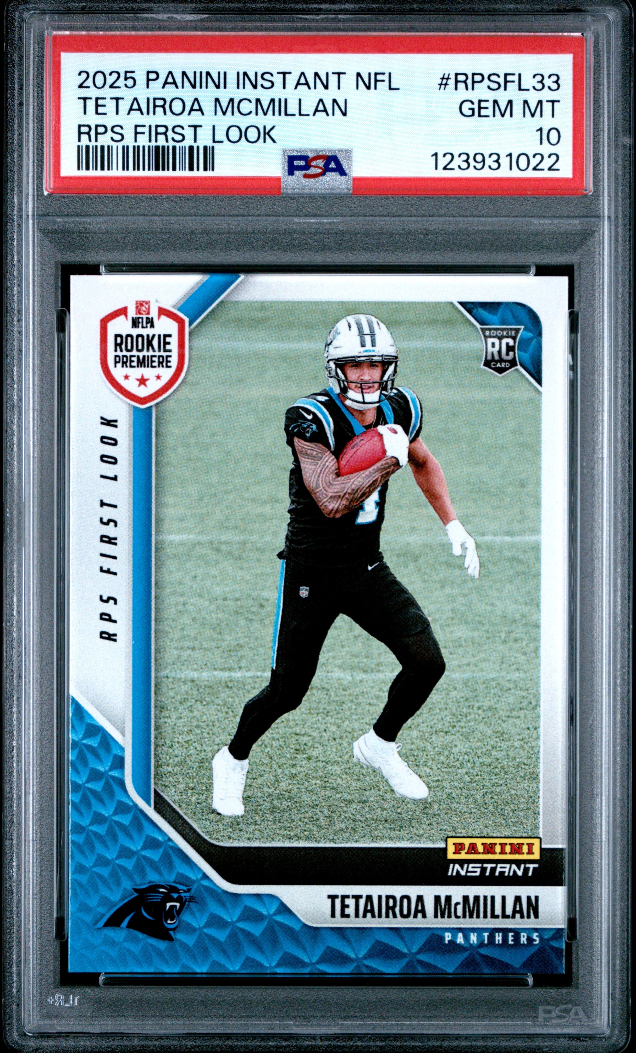 Graded 2025 Panini Instant Tetairoa McMillan #RPSFL33 RPS First Look Rookie RC Football Card PSA 10 Gem Mint