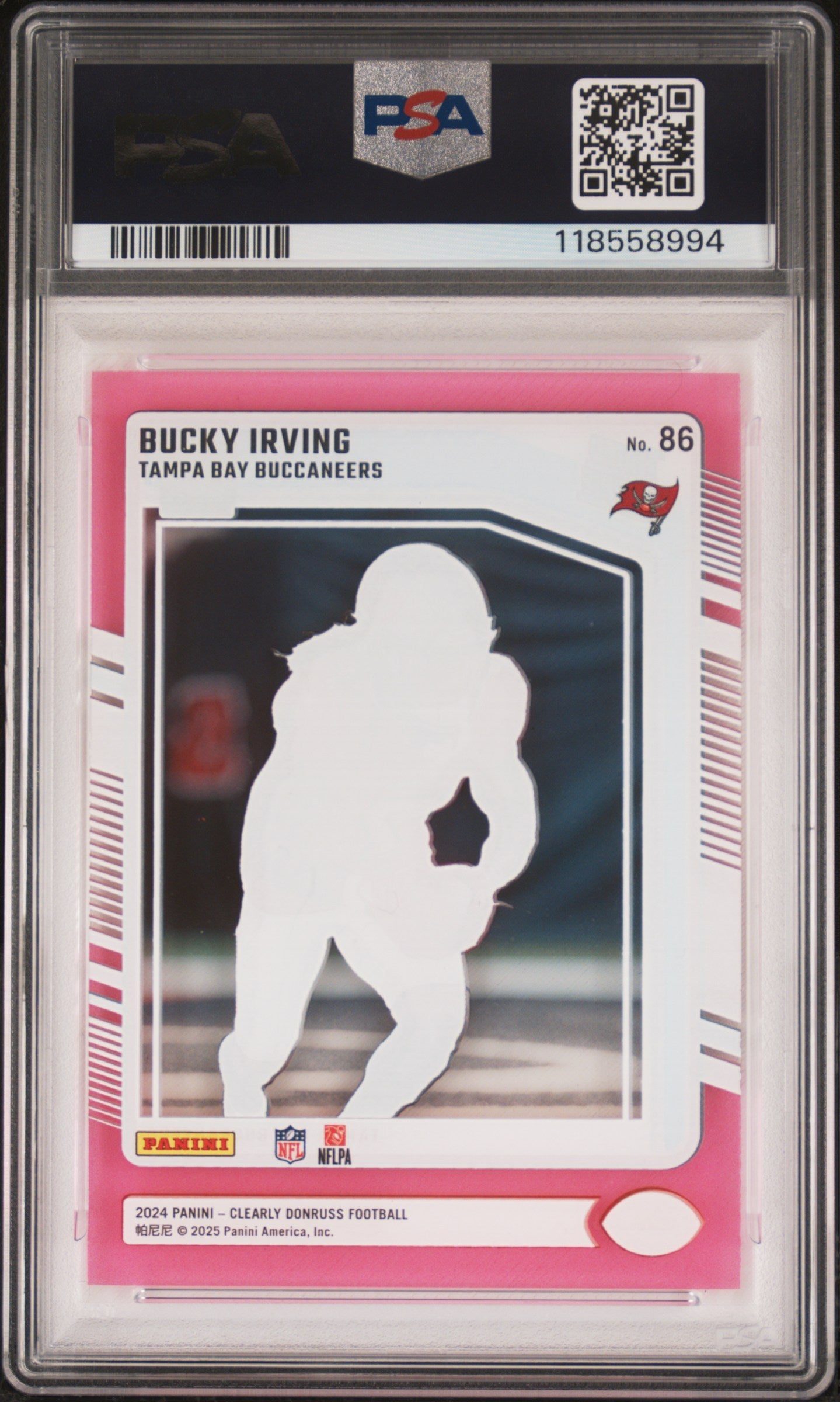 Graded 2024 Panini Clearly Donruss Bucky Irving #86 Pink Rookie RC Football Card PSA 10 Gem Mint
