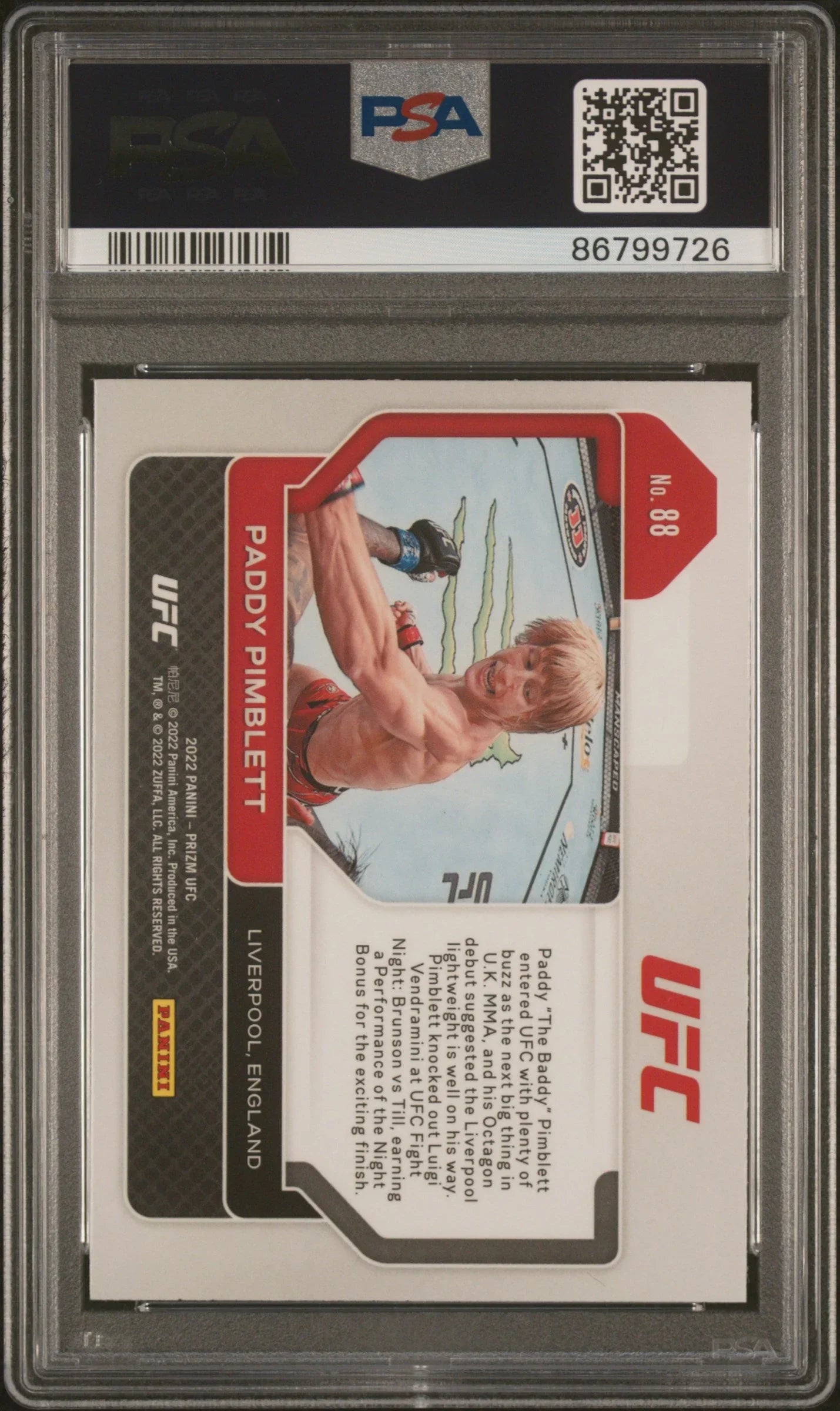 Graded 2022 Panini Prizm UFC Paddy Pimblett #88 Rookie RC UFC MMA Card PSA 10 Gem Mint