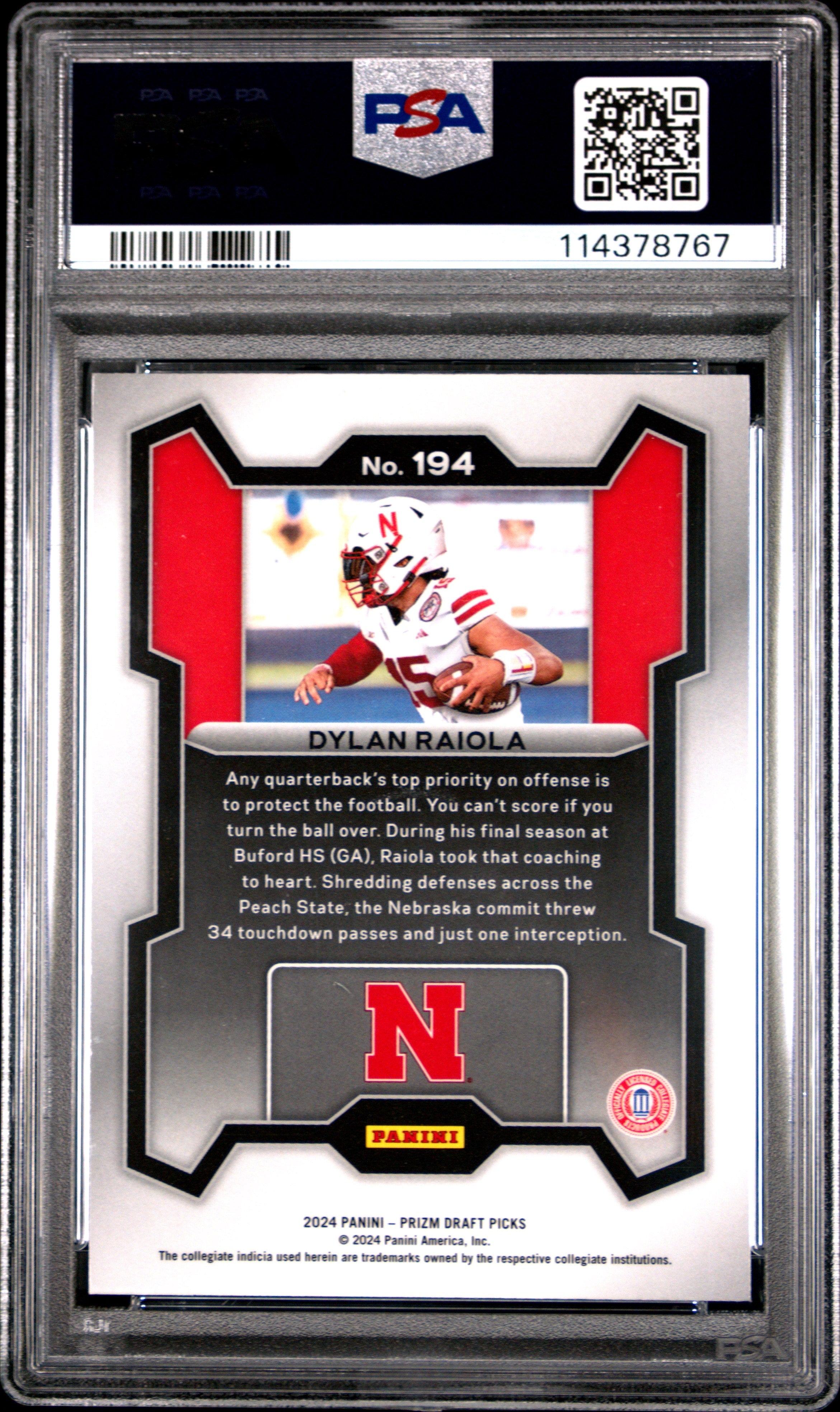 Graded 2024 Panini Prizm Draft Picks Dylan Raiola #194 Rookie RC Football Card PSA 10 Gem Mint