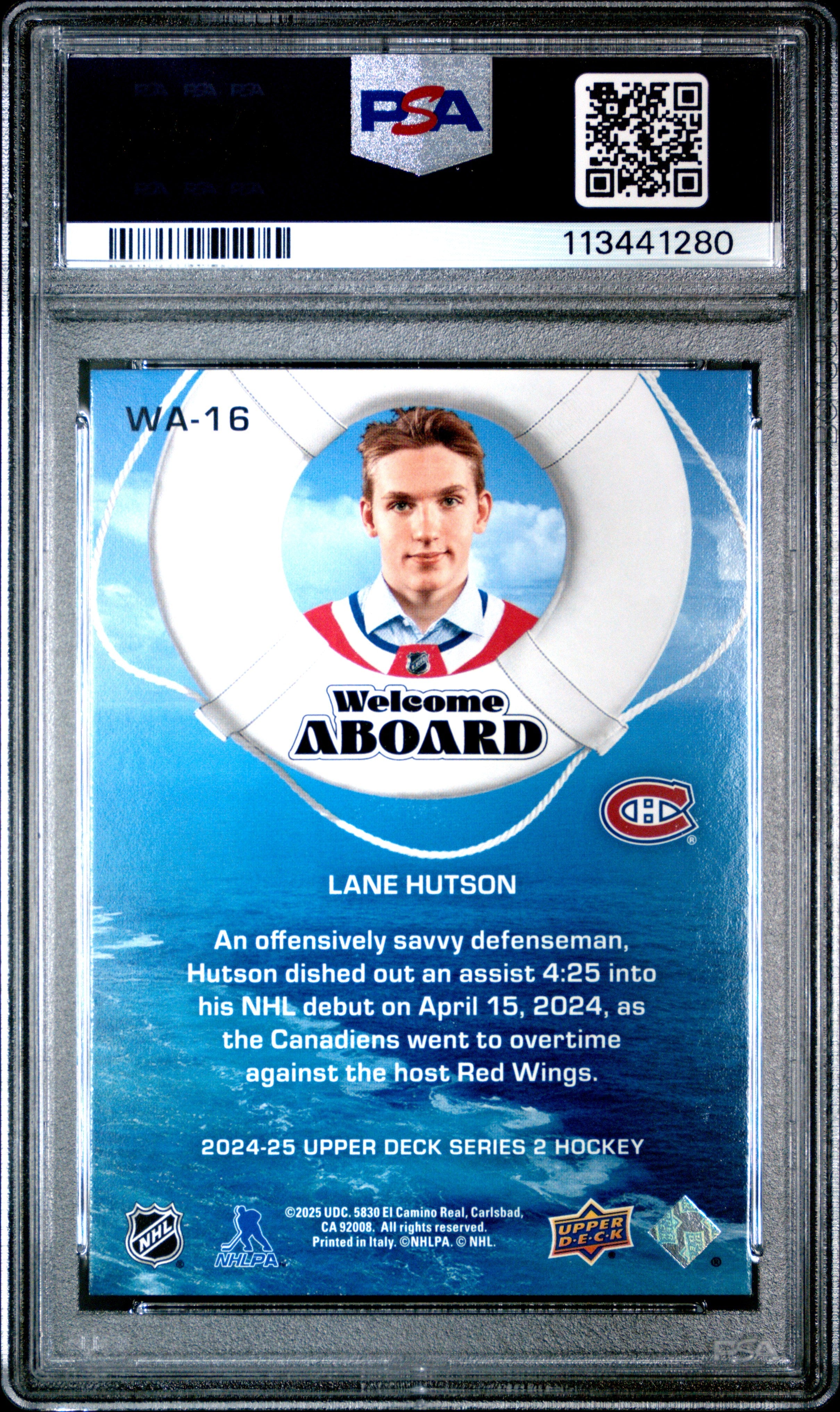 Graded 2024 Upper Deck Lane Hutson #WA16 Welcome Aboard Rookie RC Hockey Card PSA 10 Gem Mint