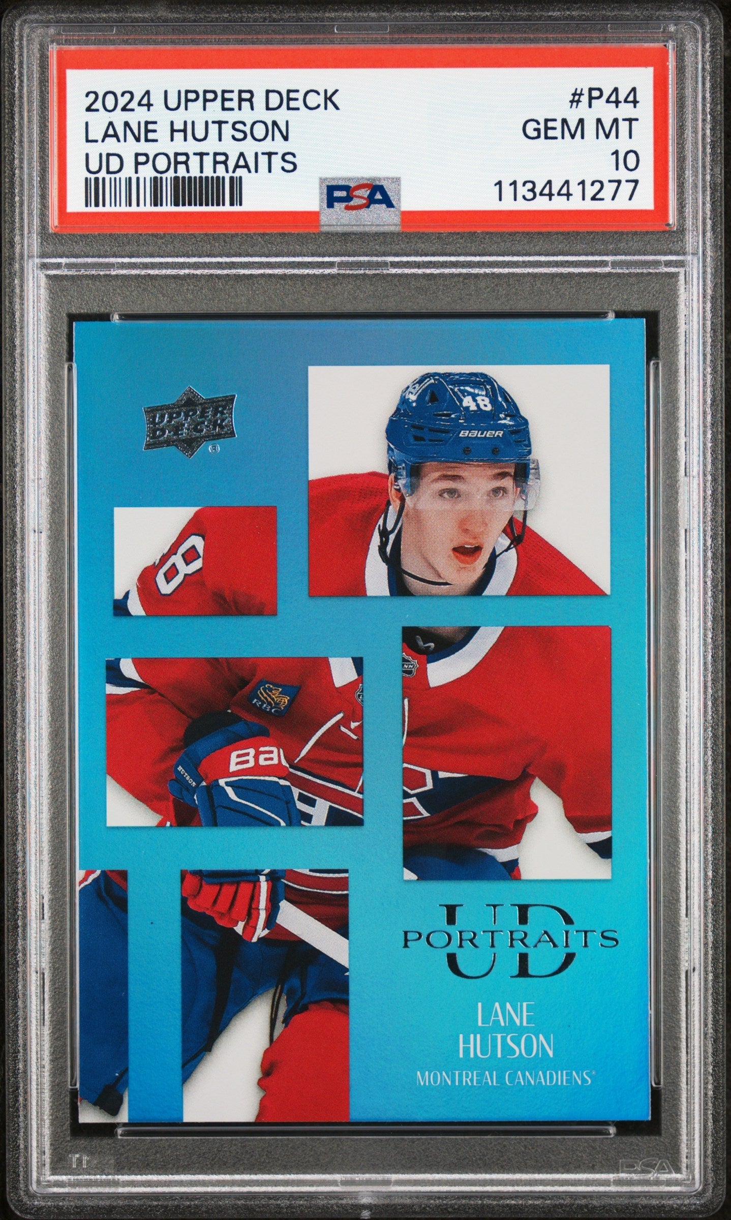 Graded 2024 Upper Deck Lane Hutson #P44 UD Portraits Rookie RC Hockey Card PSA 10 Gem Mint