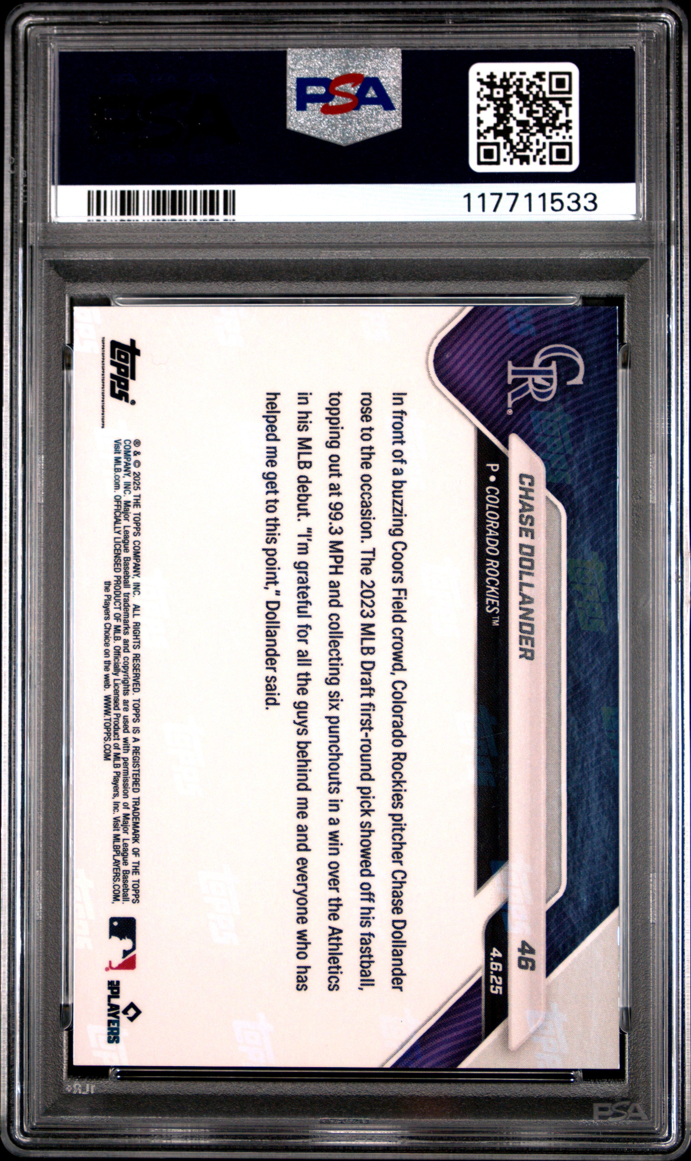 Graded 2025 Topps Now Chase Dollander #46 Orange Foil /25 Rookie RC Baseball Card PSA 10 Gem Mint