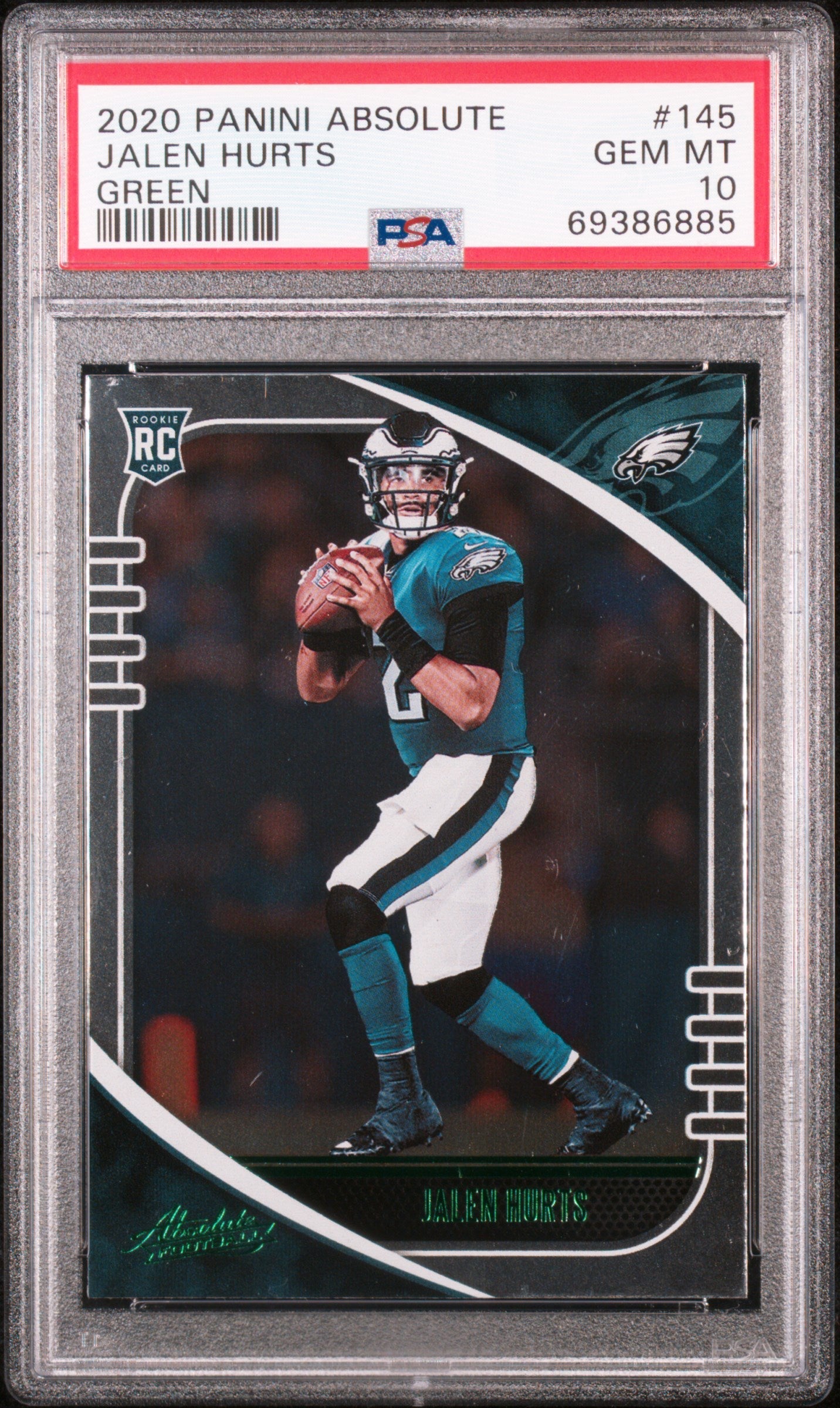Graded 2020 Panini Absolute Jalen Hurts #145 Green Rookie RC Football Card PSA 10 Gem Mint