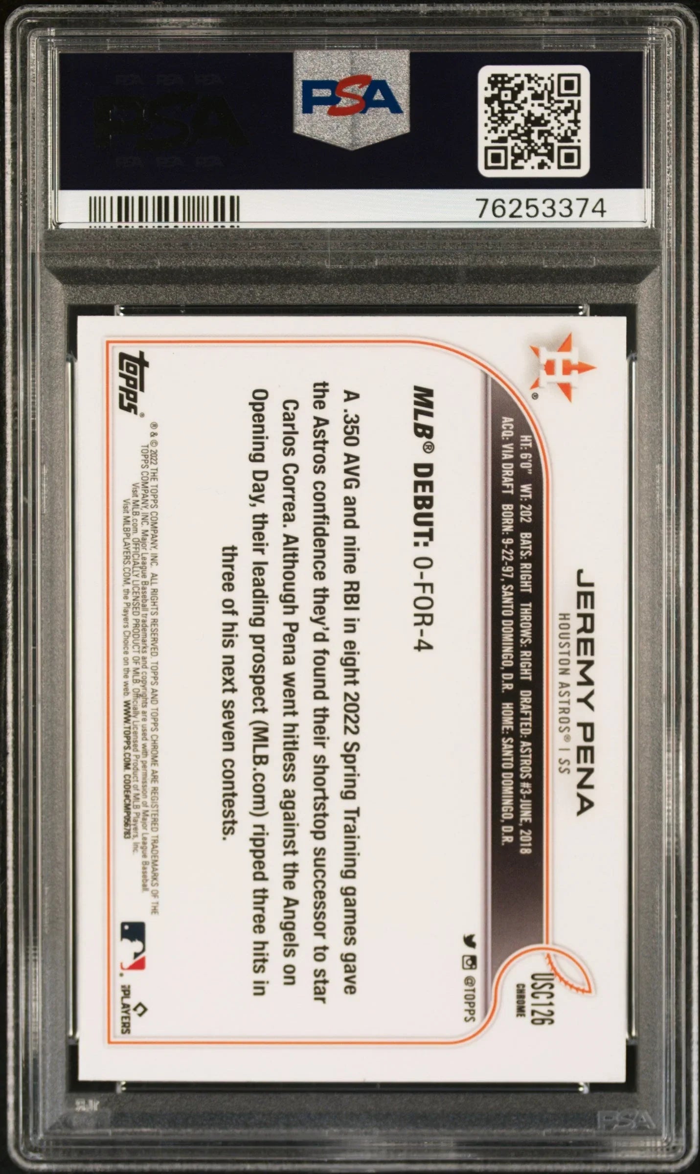 Graded 2022 Topps Chrome Update Jeremy Pena #USC126 Purple Refractor Rookie RC Baseball Card PSA 10 Gem Mint